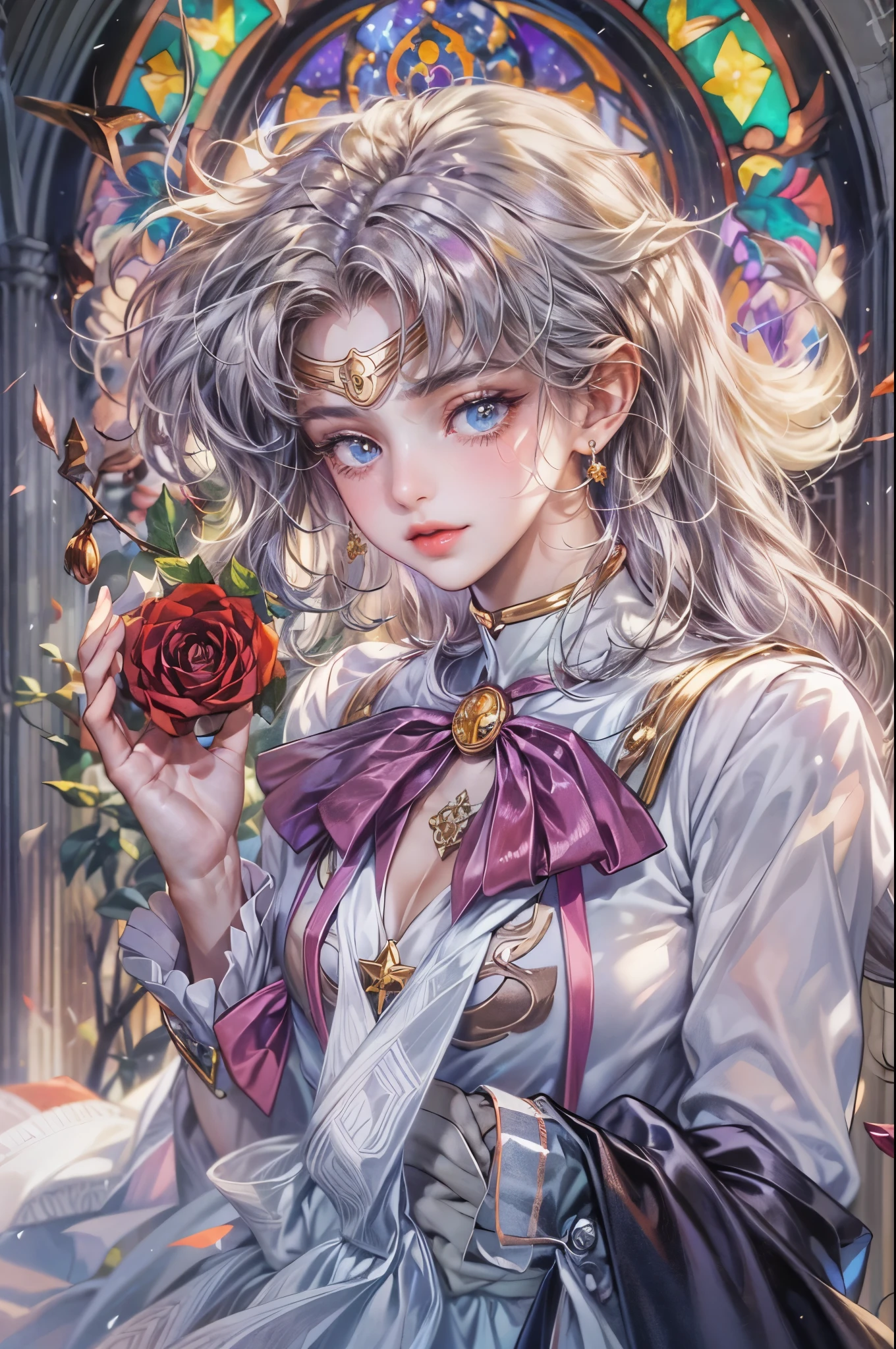 ((Best quality)), ((masterpiece)), (detailed), ((perfect face)), ((halfbody)) ((Sailor Moon Villain: The Witches 5)) solo picture close-up , cathedral background with a big stained glass window , breaking glass, black rose ornaments