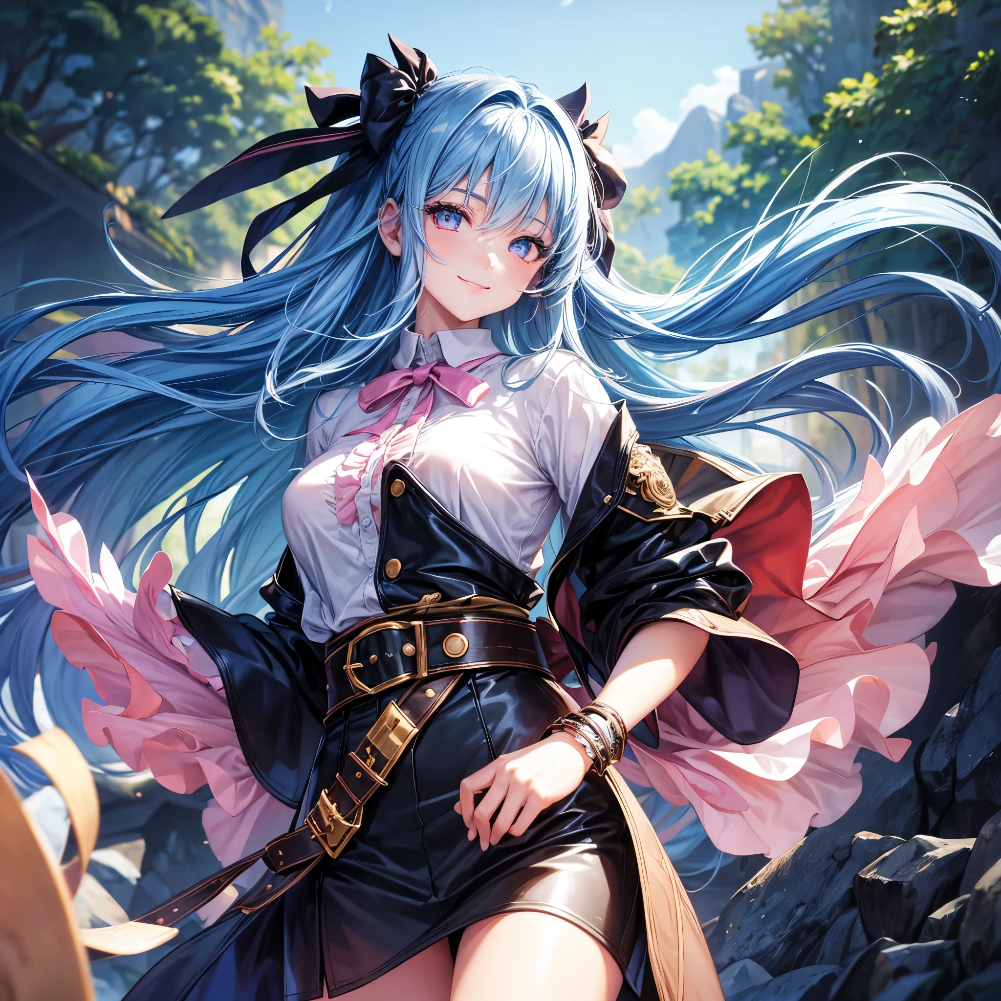 (be familiar with beautiful eyes and be familiar with face, masterpiece side light, masterpiece, highest quality, be familiar with, High resolution illustrations), (1 girl, beautiful girl, shiny skin, look down, looking at the viewer), ( Long sky blue hair, pink eyes, smile,skirt, ribbon, button down shirt) 45 degrees, top view, Landscape, (hand details)leather jacket,