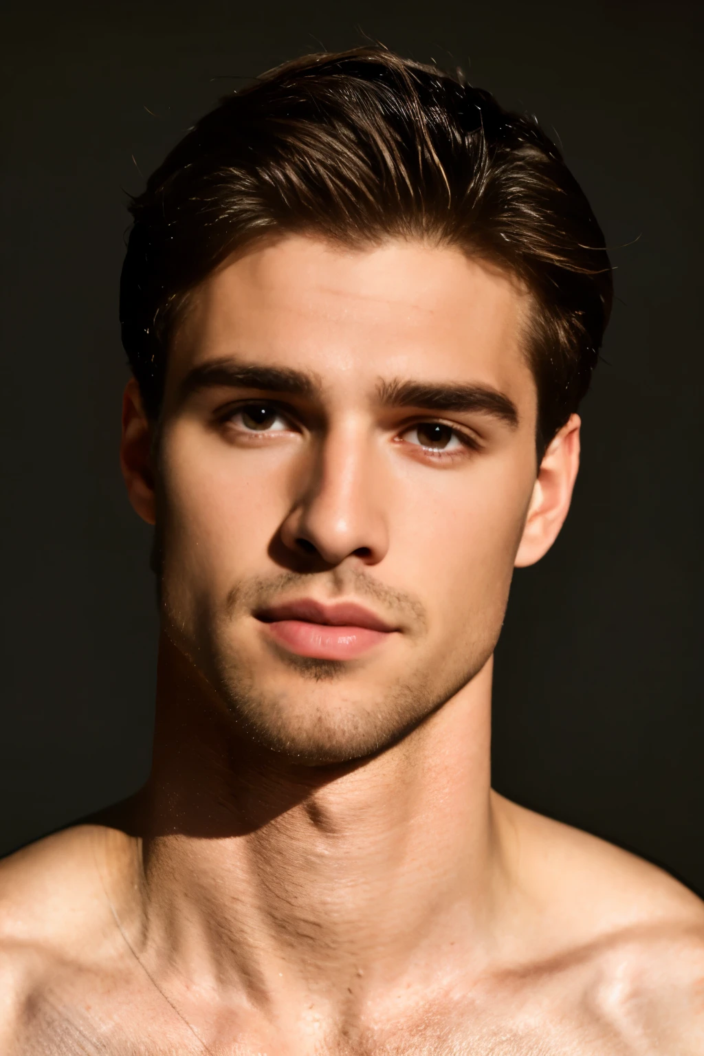 (Photorealistic photography, highres ,best quality, masterpiece:1.2), Actor Jacob Elordi posing nude, young, detailed facial features, detailed eyes, detailed hands, stylish hair, no facial hair, slim athletic physique, no body hair, penis, simple background, dramatic lighting, full body shot 