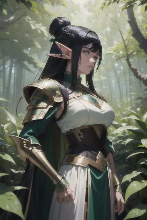 (masterpiece, best_quality, ultra-detailed, immaculate: 1.3), epic, illustration, elf mountain desert warrior lord, armor, dark hair, ((colored hair)), very long hair, in a lush spring forest, bombshell hair, shiny hair with green sea highlights, Bob Flapper, hair bun, dense forest