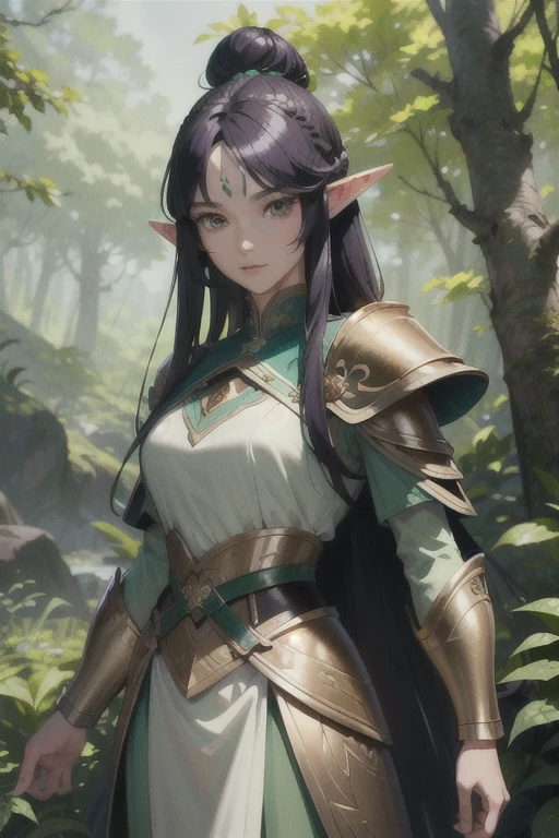(masterpiece, best_quality, ultra-detailed, immaculate: 1.3), epic, illustration, elf mountain desert warrior lord, armor, dark hair, ((colored hair)), very long hair, in a lush spring forest, bombshell hair, shiny hair with green sea highlights, Bob Flapper, hair bun, dense forest