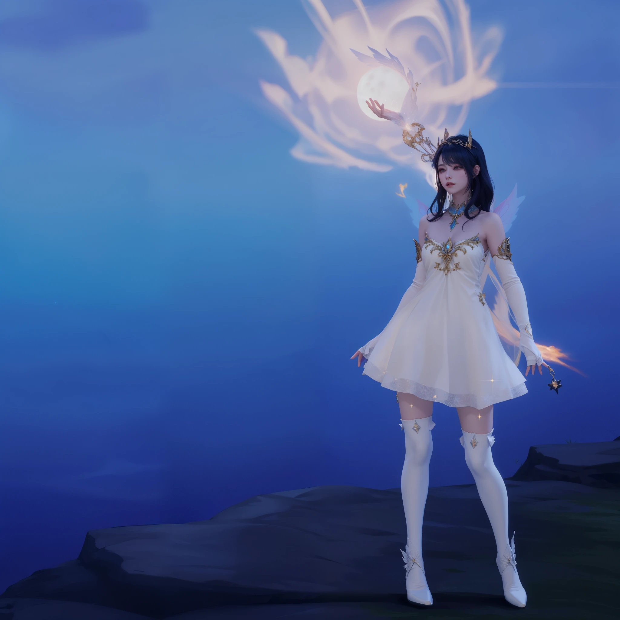 anime girl en robe blanche debout sur une falaise avec une boule de feu à la main, pose de lancement de sorts, essence étheree, aura blanche et brillante, Magnificent celestial mage, fairy magic lighting, Astral Fairy, vêtements de sorcière astrale, portrait complet de l&#39;elementalist, to be ethereal and wavy, Witch of Heaven, lunar themed outfit, tenue fantastique, astral ethereal, je vais, style final fantasy 14