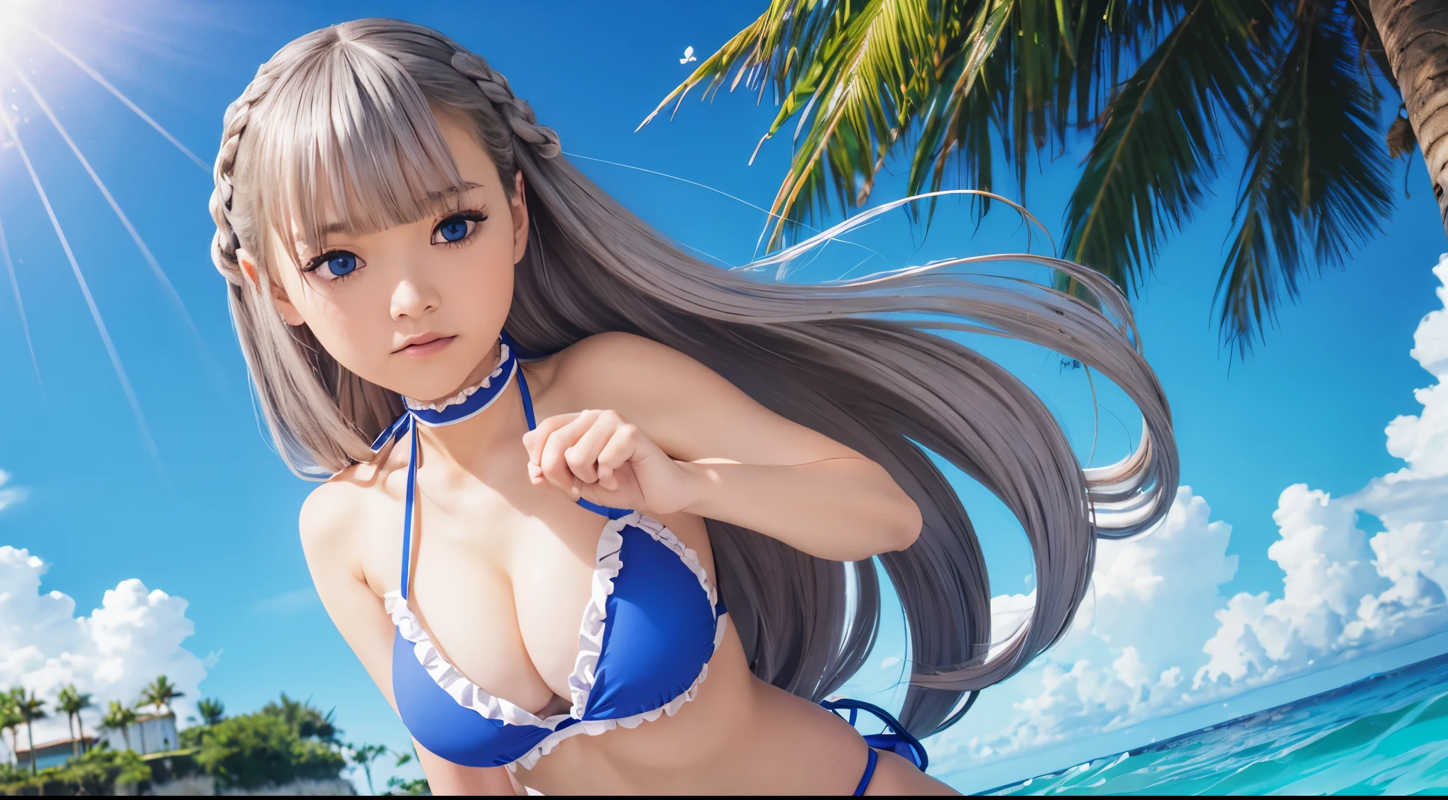 highest quality, 8K, Super detailed, photorealistic,master piece, best quality, ultra high resolution, highest quality, anime style, best writing, beautiful face、(beautiful detailed eyes:1.3)、highly detailed face、perfect lighting、Highly detailed CG、(perfect hands、perfect anatomy)、lawine、lawine、long hair、bangs、blue eyes、silver hair、Braid、ロー結びlong hair、BREAK long hair, (blue bikini: 1.5), (frills: 1.5), Free pose, cowboy shot, beach, Put your feet in the water