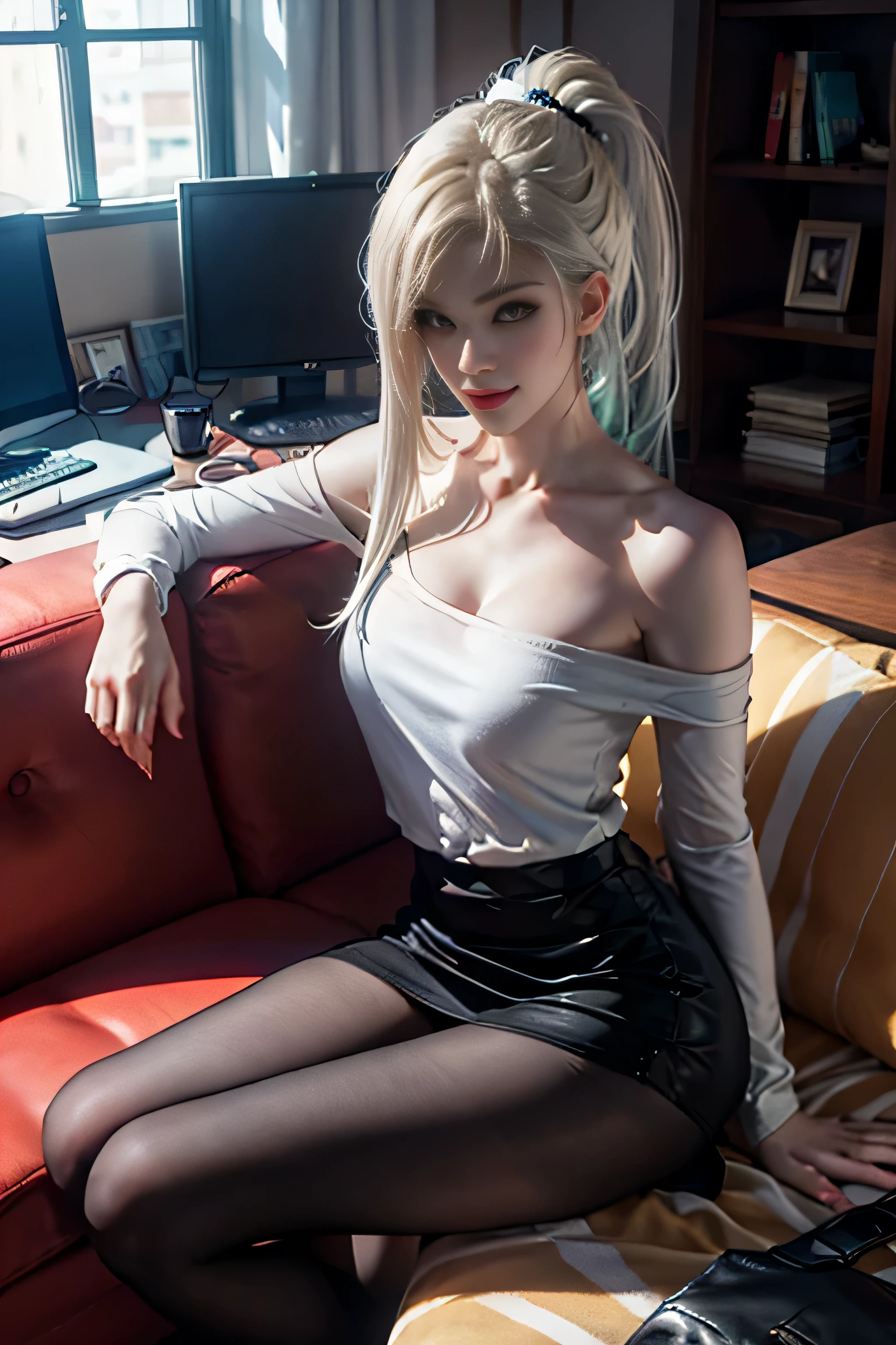 （girl sitting on the sofa in the office), silver hair, bangs, 鈍いbangs, long straight hair, （side ponytail）aqua eye, long eyelashes, Solid Circle Eye, compensate, open your mouth, blush, parted lips, bright pupils, smiley, enchanting smile, shine, surrealism, modern,career woman、）Roux（white shirt、off shoulder）、black tight skirt、black pantyhose、high heels、(ホワイトのRouxズクロップトップ, black tight skirt: 1.6)