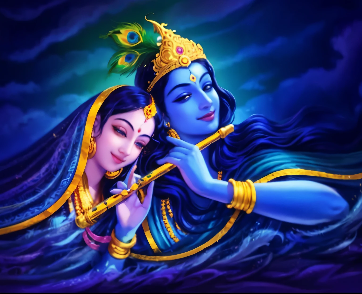 RadhaKrishna, adorable faces, divine smiles, golden flute, peacock feathers, blue background 