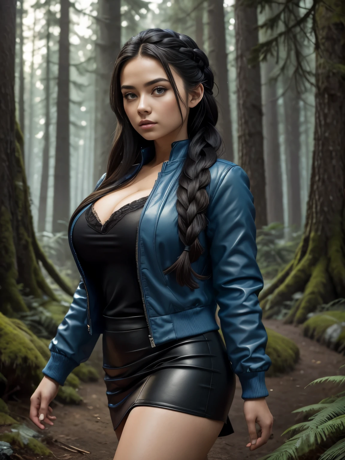 Best quality, masterpiece, Beautiful, young woman, looking straight at viewer, wearing simple black skirt, open blue jacket on top, walking at dense forest, professionalism, teen age, detailed face, detailed body, symmetric face, big cute eyes, cute face, dynamic pose, tattooed hands, deep cleavage, perfect anatomy, photorealistic, curvy body, braid hair, 8k, ultra realistic, forest castle background, ambient occlusion