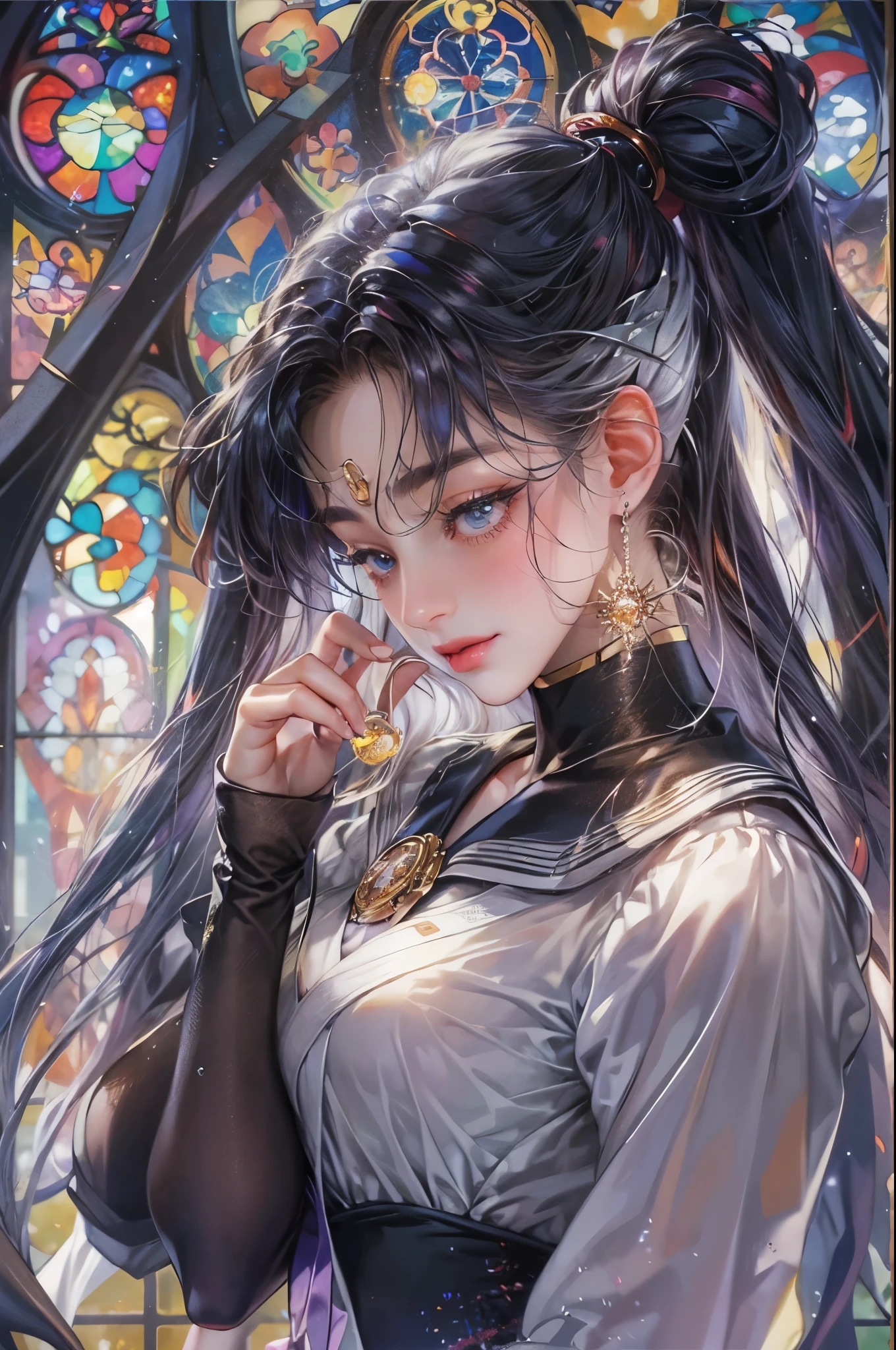 ((Best quality)), ((masterpiece)), (detailed), ((perfect face)), ((halfbody)) ((Sailor Moon Villain: The Witches 5)) solo picture close-up , cathedral background with a big stained glass window , breaking glass, black rose ornaments 