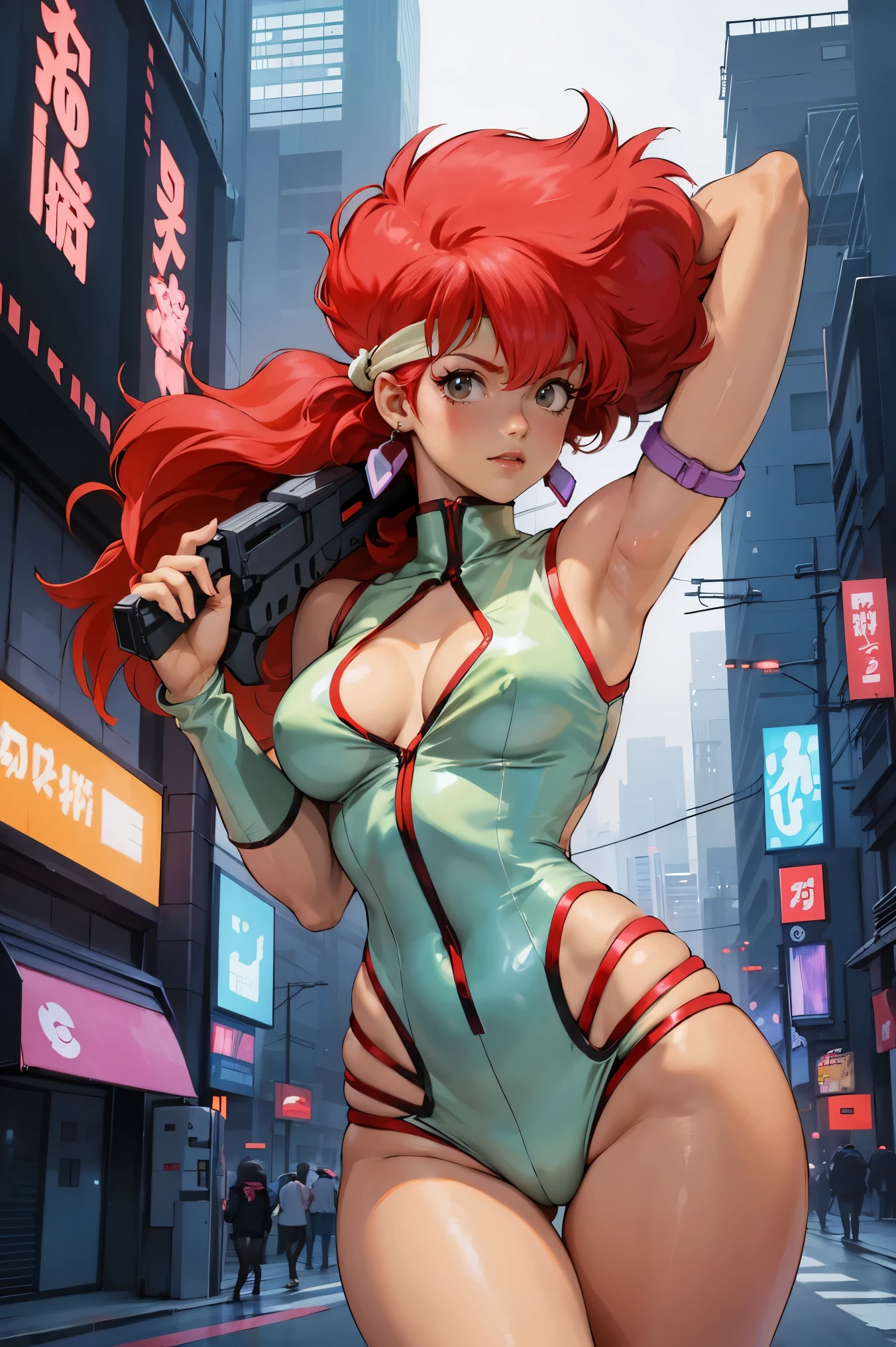 Kei from The Dirty Pair, , wearing a tight outfit, skimpy, medium breast, red hair beauty, cyberpunk city background, holding retro space-gun, headband, slim waist, slim thighs, thigh gap