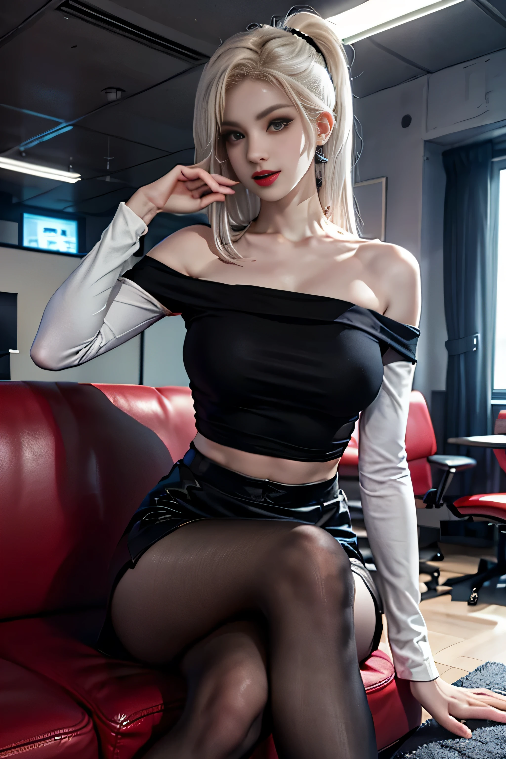 (girl sitting on the sofa in the office), silver hair, bangs, 鈍いbangs, long straight hair, (side ponytail)aqua eye, long eyelashes, Solid Circle Eye, compensate, open your mouth, blush, parted lips, bright pupils, smiley, enchanting smile, shine, surrealism, modern,career woman、)Roux(white shirt、off shoulder)、black tight skirt、black pantyhose、high heels、(ホワイトのRouxズクロップトップ, black tight skirt: 1.u can see silk panties)
