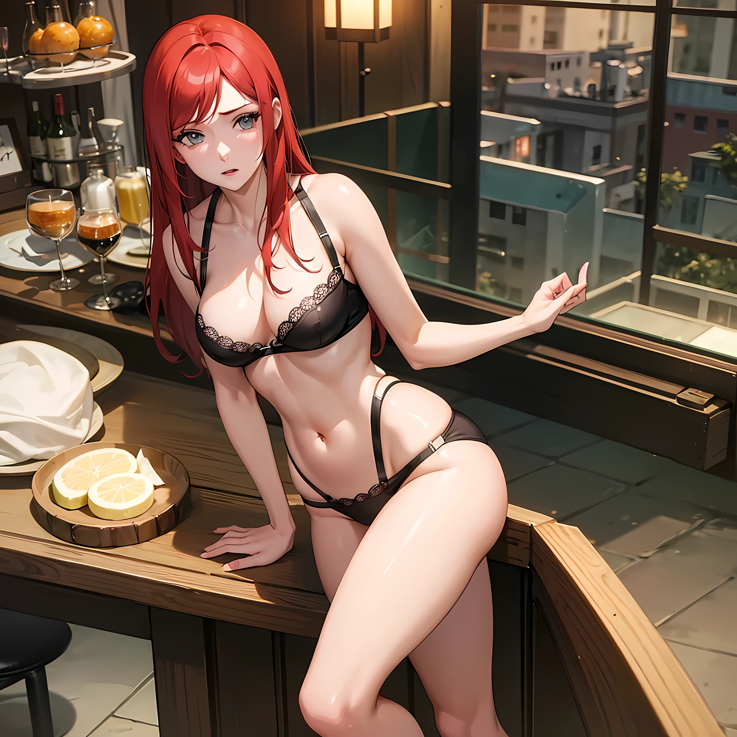 Kushina, lingerie, meias pretas, em frente ao espelho, bunda grande, coxas grandes, curvas, imagem detalhada, 4K, medium breasts.