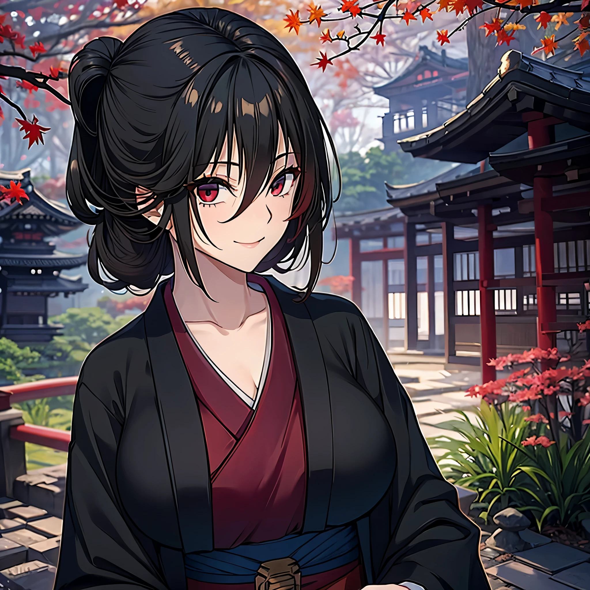 A woman with long black hair, red eyes, cute face, wearing a black kimono with red details, big breast, in a Japanese garden with autumn weather, Japanese castle behind, smiling.
