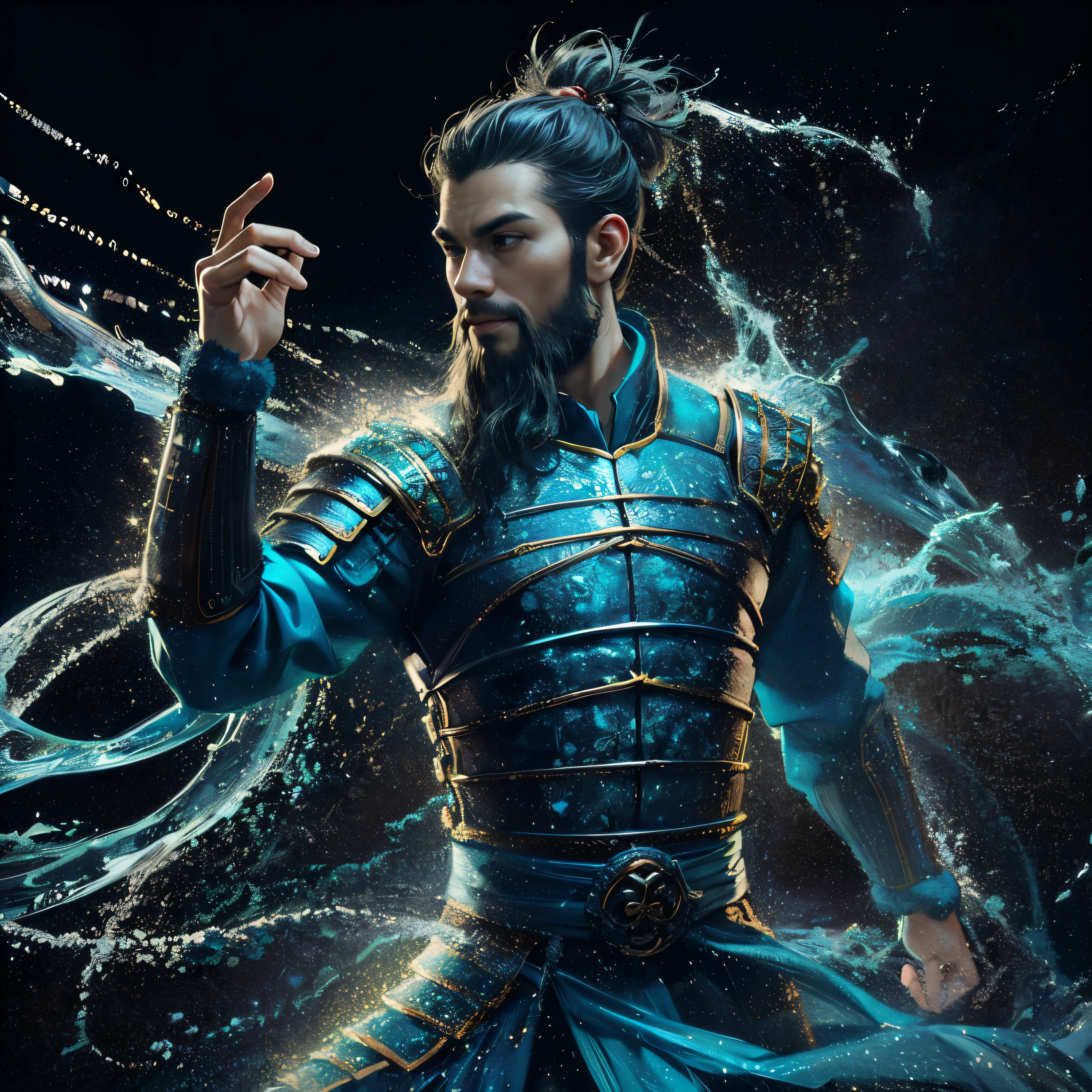 (Best Quality:1.2), (high resolution:1.2), (beautiful face and eye:1.2), (sharpest focus:1.2), (Ultra-realistic Photo:1.2), (Ultra-precise Photo:1.2), (Depth of field:1.2), (perfect ???????:1.2), (nice hands:1.5), (perfect hands:1.5), 
(A young Chinese warlord without a beard:1.5), (Water glistening in seven colors in the darkness with seven different colors of light:1.2), (The dancing, frenzied water:1.2), (A young, beautiful, beardless Chinese warlord in bright blue armor:1.2), (Fearless smile:1.0), (swirling water clinging to his body:1.2), (Left hand raised high above the body, right hand straight down:1.2), (Well-proportioned and beautiful body:1.2), (look far away:1.8), 