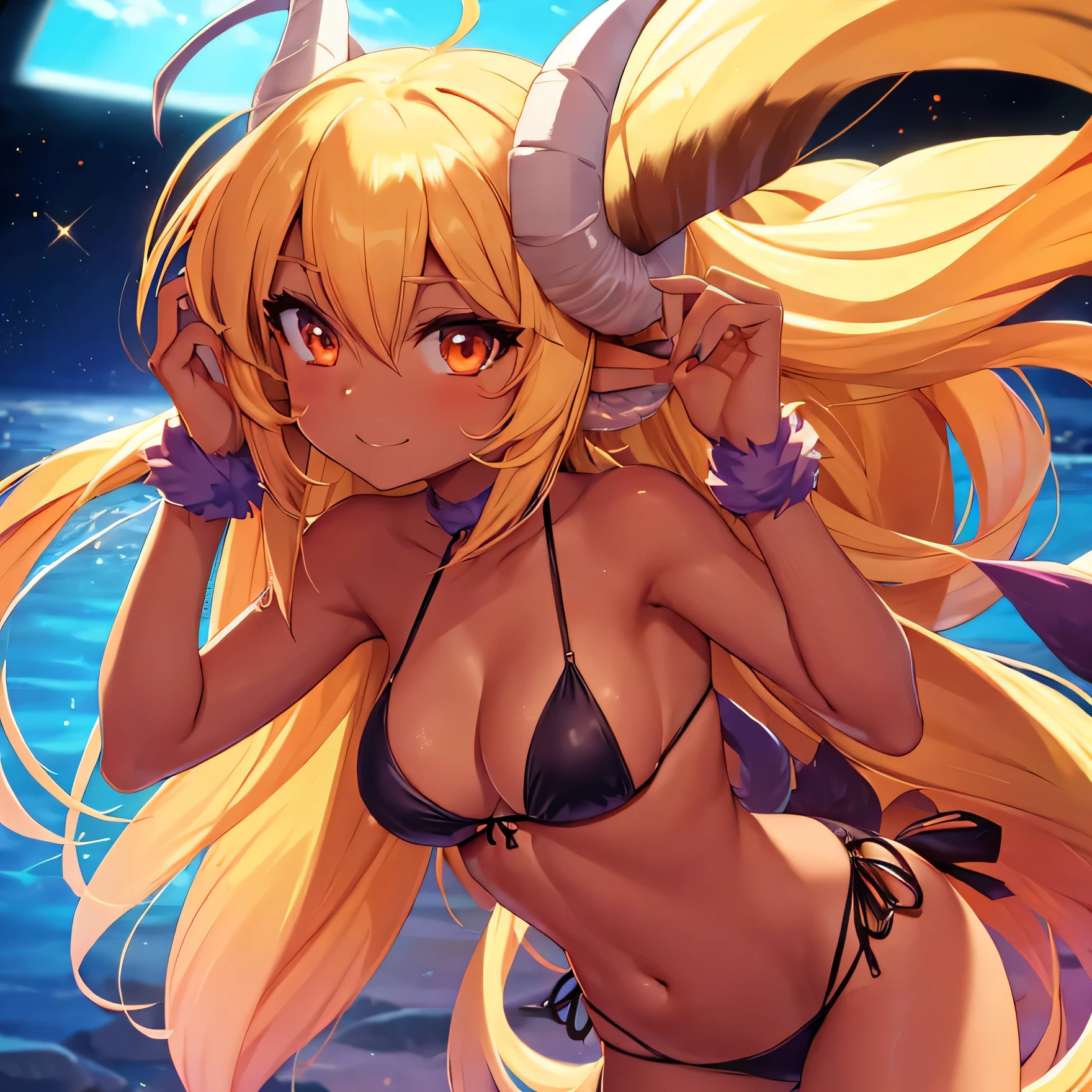 (single) girl, anime style, long hair, ram horns, tan skin, midnight hair, furry, bikini, high contrast, colorful, 8K