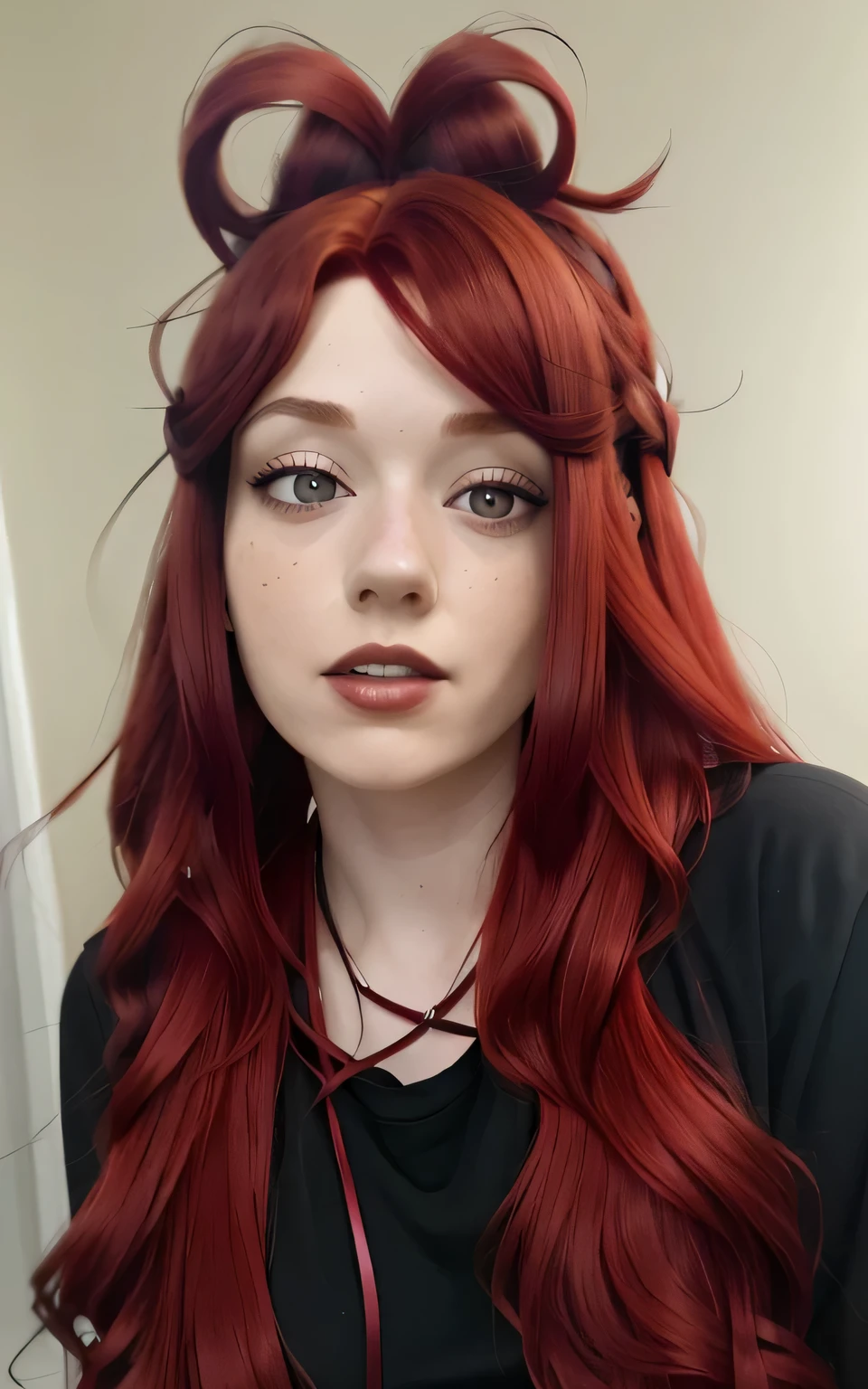 arafed woman with red hair and a black shirt, red dyed hair, crimson red hair and red eyes, with curly red hair, dark thick smokey red fire, red crimson crimson hair, with long red hair, with red hair, red wig, brown red long hair, crimson hair, with dark reddish hair, wavy vibrant red hair, long glowing red hair