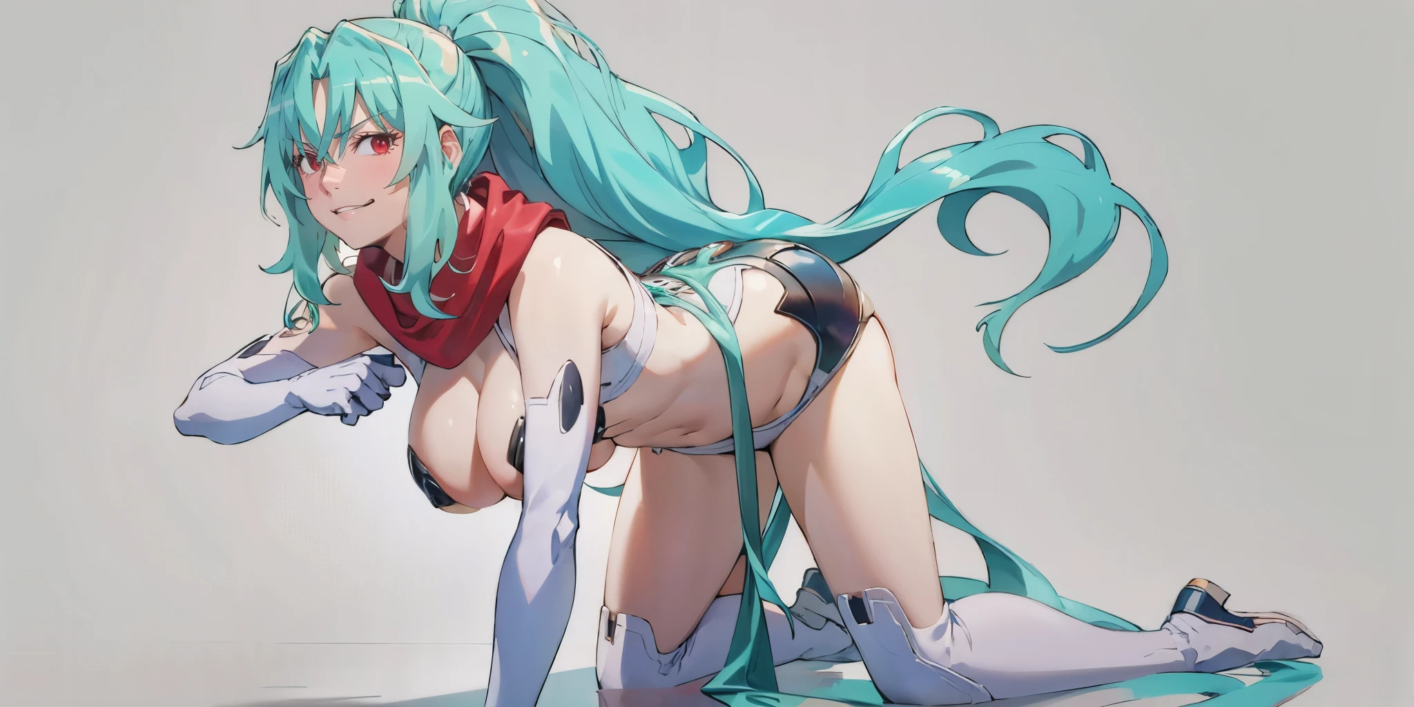 tomoe, aqua hair, long hair, ponytail, red scarf, hair between eyes, curvy, huge breasts, anatomically correct, (shaded face:1.2), hollow eyes, red eyes, looking at viewer, heavy breathing, smirk, uppert teeth, huge breasts, outfit-gh2, elbow gloves, thighhighs, blush, "Photorealistic, Hyperrealistic, Hyperdetailed, analog style, soft lighting, subsurface scattering, realistic, heavy shadow, masterpiece, best quality, ultra realistic, 8k, golden ratio, Intricate, High Detail, film photography, soft focus"