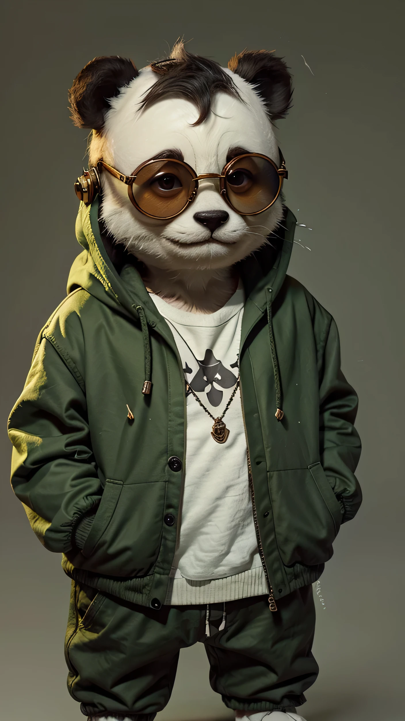 Mini panda smiling with yellow round glasses and dark green sweater and hands in pocket and on the floor alone and completely gray background