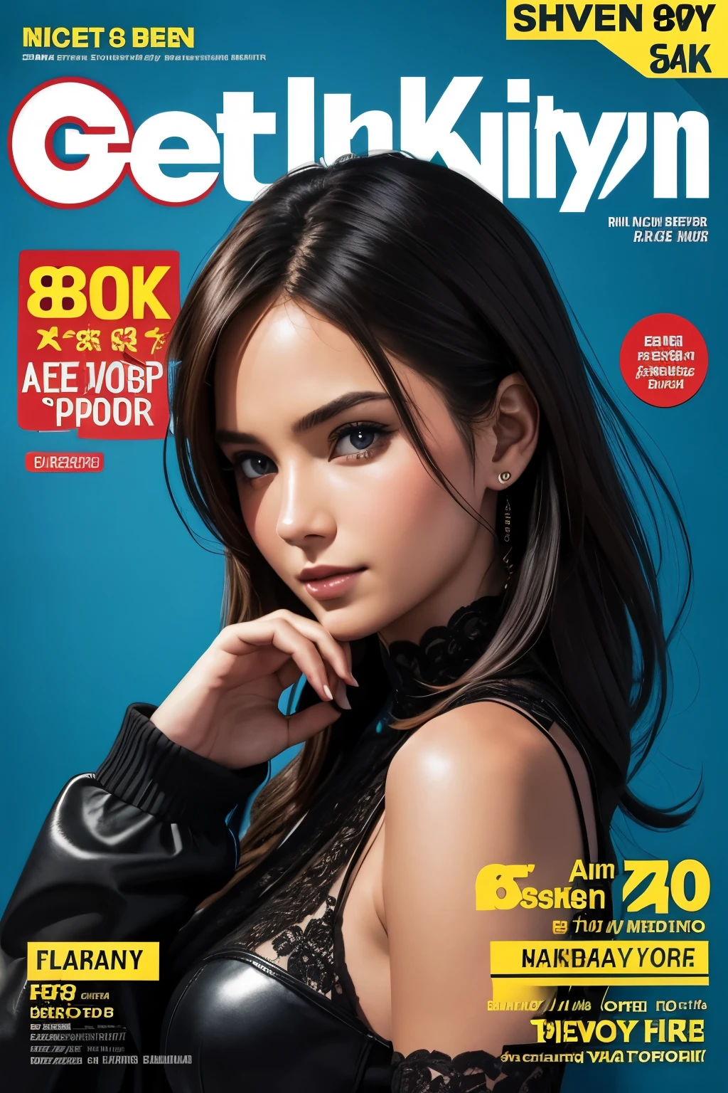 (Magazine cover, Playboy Magazine).Extremely busty thin and toned brunette playboy bunny, college girl, fair skin, big hair, soft face, athletic, wearing a black leotard, cuffs, bow tie, bunny ears, makeup.