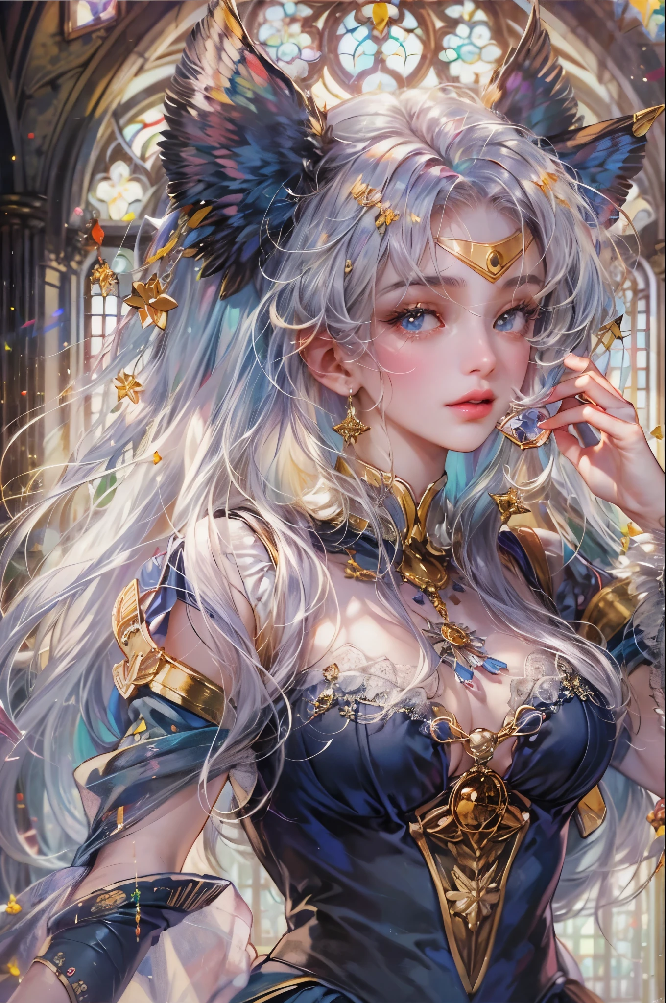 ((Best quality)), ((masterpiece)), (detailed), ((perfect face)), ((halfbody)) ((Sailor Moon Villain: The Witches 5)) solo picture close-up , cathedral background with a big stained glass window , breaking glass, black rose ornaments