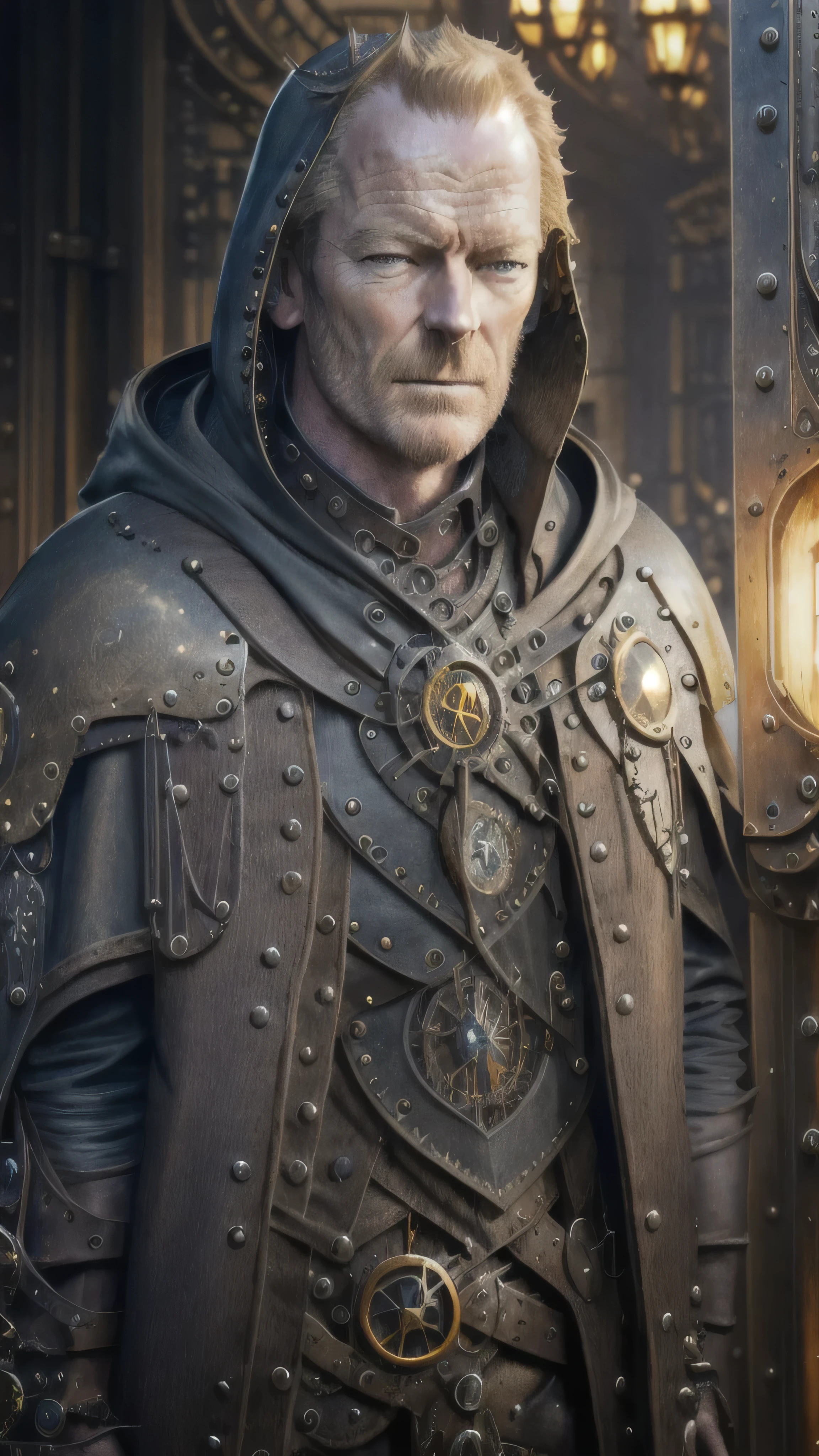 steampunkai, ((Iain Glen)) as j0rm0, ((steampunk black hooded cloak)), ((steampunk yellow shirt)), steampunk sword, standing near luxury door, security, 1man, solo, beautiful detailed glow, detailed, cinematic light, intricate detail, realistic, highres, detailed facial features, high detail, sharp focus, smooth, aesthetic, extremely detailed, stamp, octane render