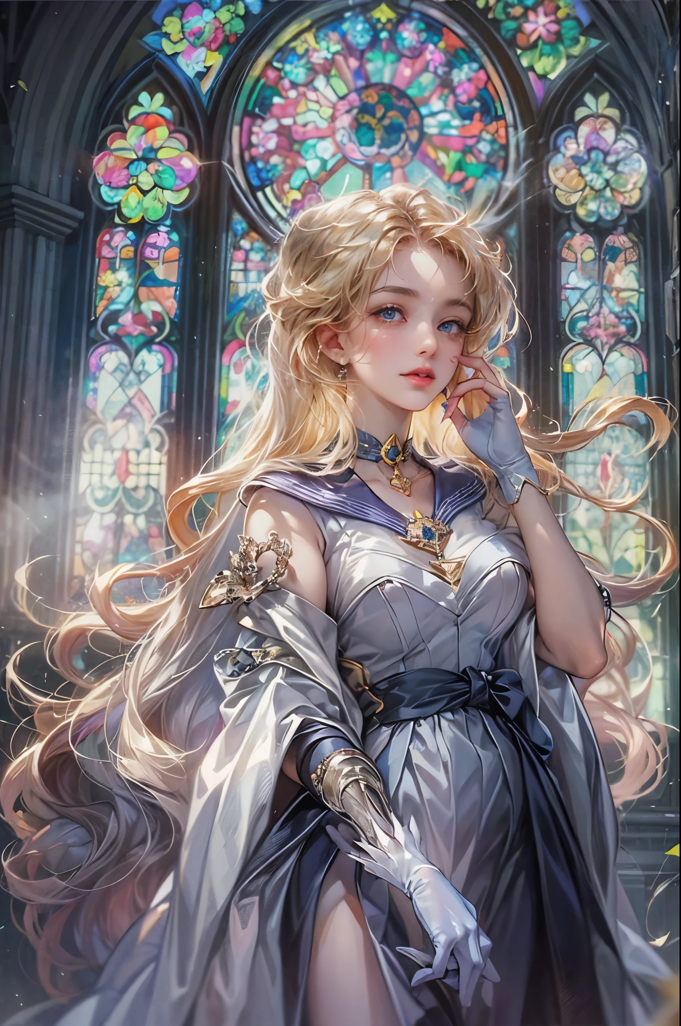 ((Best quality)), ((masterpiece)), (detailed), ((perfect face)), ((halfbody)) ((Sailor Moon Villain: The Witches 5)) solo picture close-up , cathedral background with a big stained glass window , breaking glass, black rose ornaments 