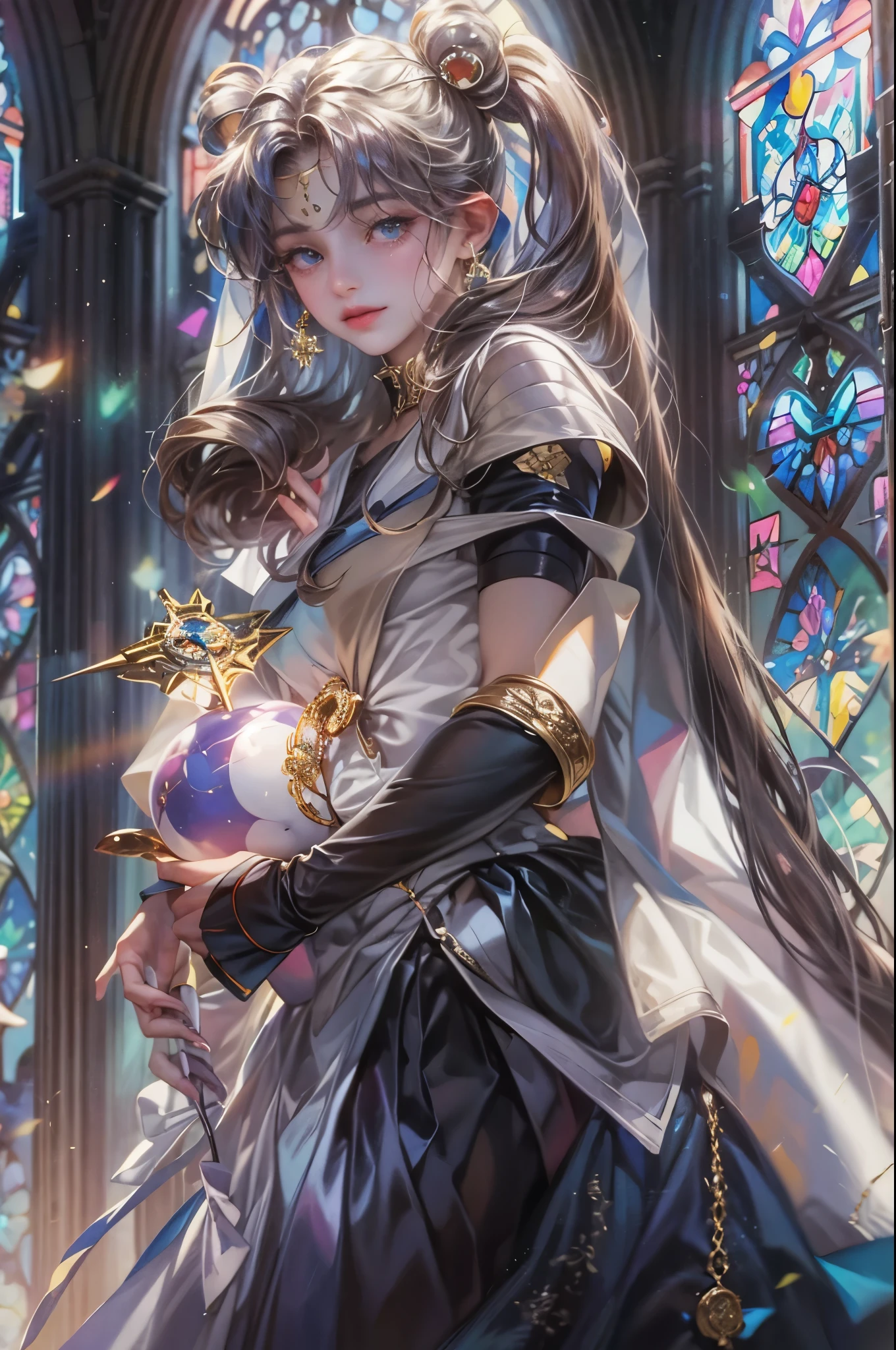 ((Best quality)), ((masterpiece)), (detailed), ((perfect face)), ((halfbody)) ((Sailor Moon Villain: The Witches 5)) solo picture close-up , cathedral background with a big stained glass window , breaking glass, black rose ornaments