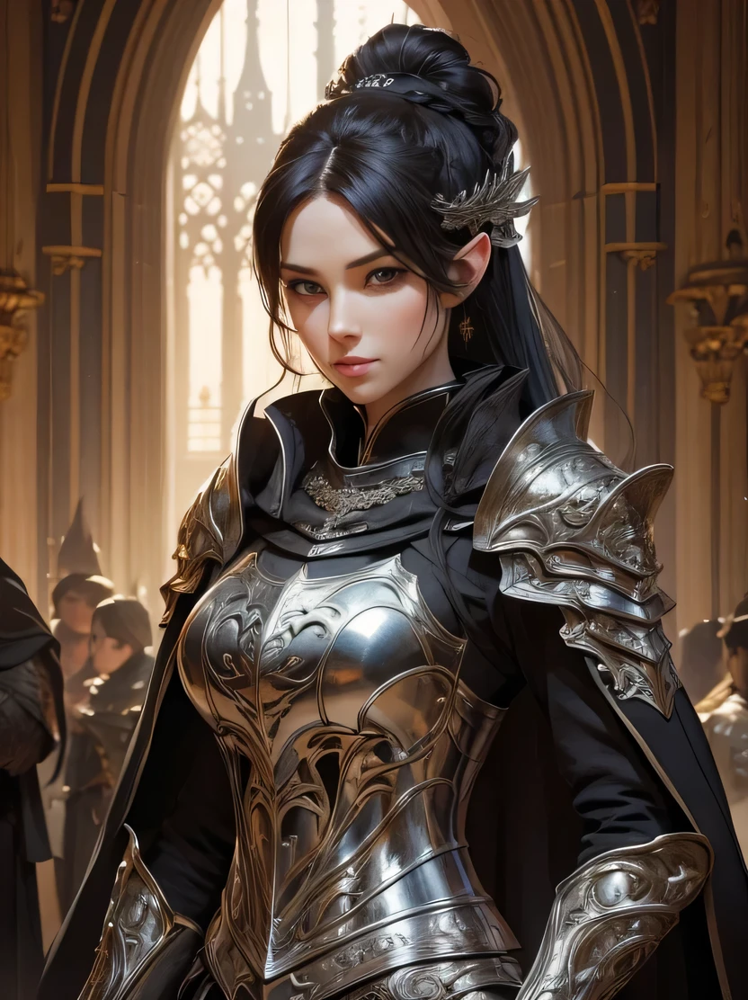 ((masterpiece、highest quality、super detailed、High resolution、sharp focus、cinematic lighting))、((One female、bust shot))、Portrait of a beautiful female elf 、40 years old、elaborately patterned cloth cloak、Textured black leather armor and leggings、Black plate armor with delicate carvings、black leather gloves、tall height、well-proportioned body shape、、((black hair ponytail))、blue eyes、highly detailed face、Fine ears、view audience、Detailed depiction of hands、Beautiful medieval cityscape and castle in the background、Detailed background depiction、oil painting