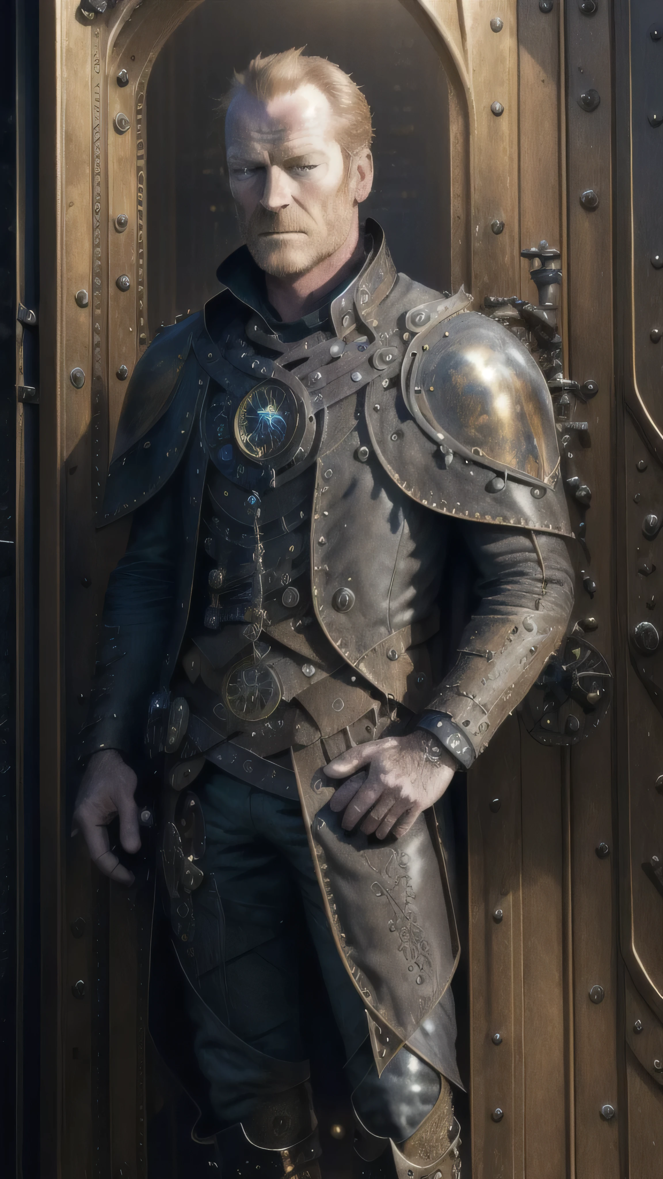 steampunkai, ((Iain Glen)) as j0rm0, steampunk black cloak, steampunk yellow shirt, steampunk sword, standing near luxury door, security, 1man, solo, beautiful detailed glow, detailed, cinematic light, intricate detail, realistic, highres, detailed facial features, high detail, sharp focus, smooth, aesthetic, extremely detailed, stamp, octane render