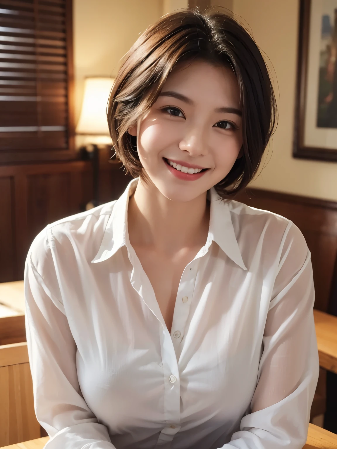 ((masterpiece))、((highest quality))、photograph、reality、High level image quality、Super detailed、Unmarried women、25 years old、short hair、Realistic background and accessories、big and soft breasts、chest bulge、sexy smile、carefree smile、((bright lighting))、casual restaurant、bright look、busy、button shirt、valley、