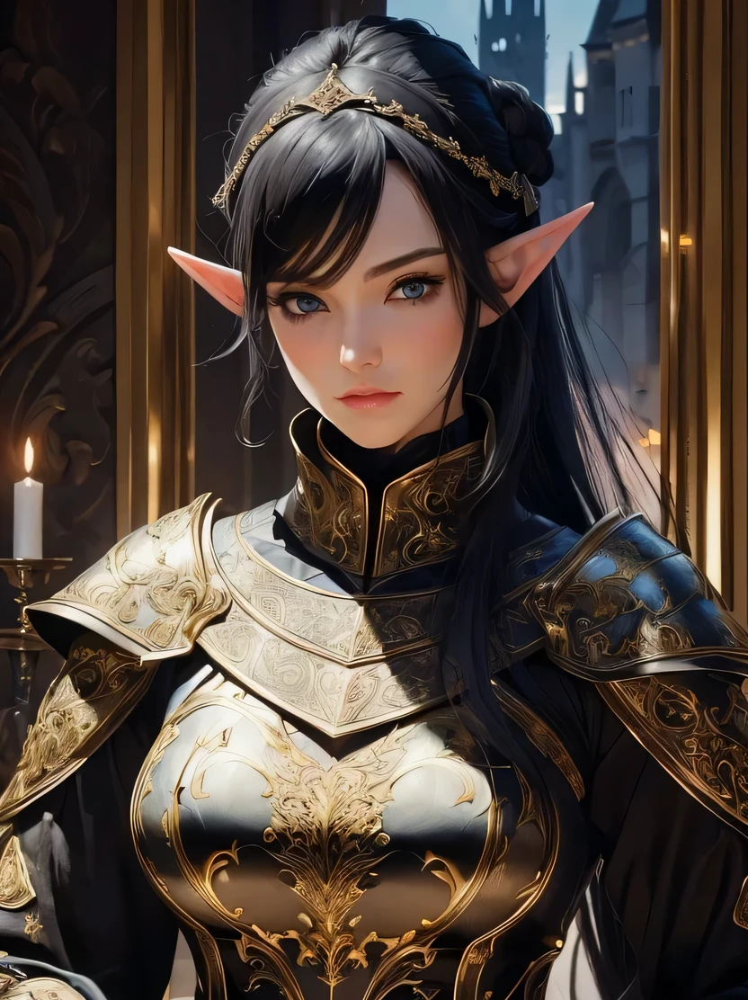 ((masterpiece、highest quality、super detailed、High resolution、sharp focus、cinematic lighting))、((One female、bust shot))、Portrait of a beautiful female elf 、40 years old、elaborately patterned cloth cloak、Textured black leather armor and leggings、Black plate armor with delicate carvings、black leather gloves、tall height、well-proportioned body shape、、((black hair ponytail))、blue eyes、highly detailed face、Fine ears、view audience、Detailed depiction of hands、Beautiful medieval cityscape and castle in the background、Detailed background depiction、oil painting