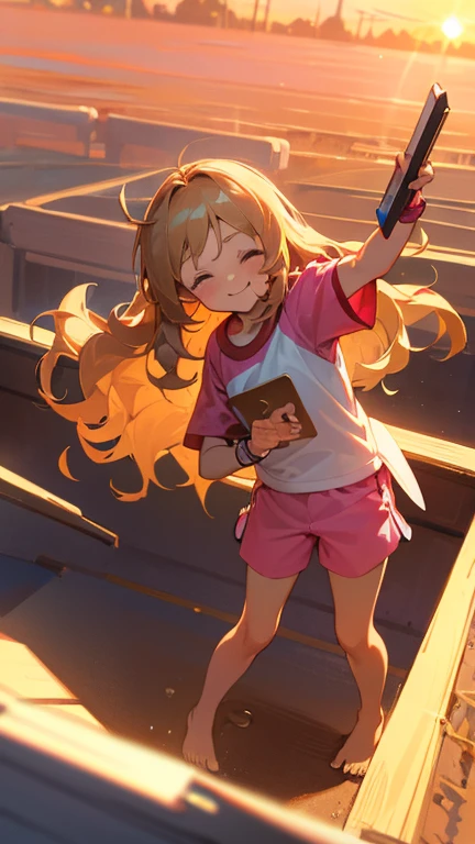 a cute 6 year old church girl named Anna, both brownish blonde hair, long wavy hair, short sleeved sport jersey tshirt, pink shorts, holding an ipad, sunrise, slight smile, wristbands, barefoot, winking 