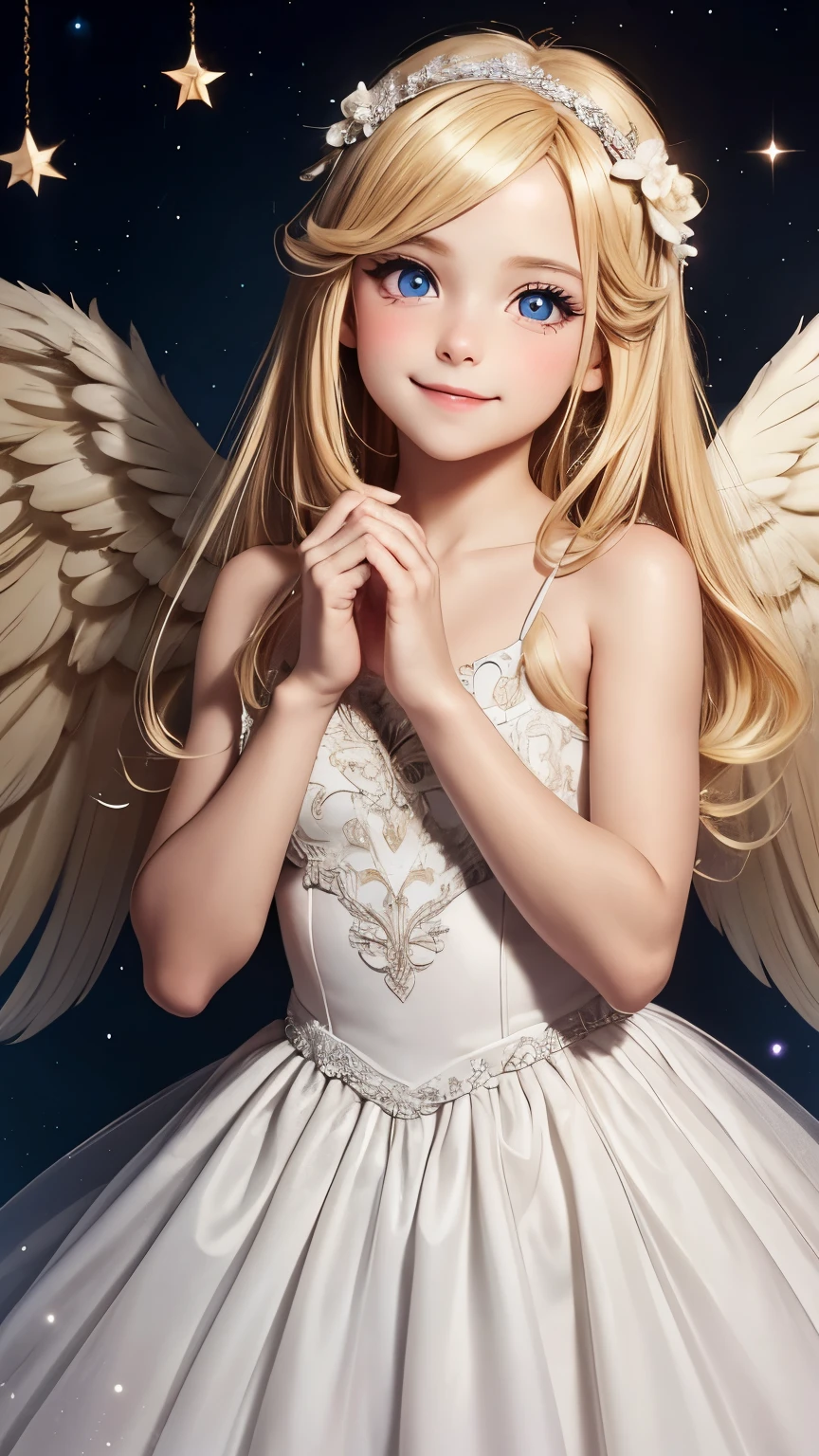 Beautiful and neat girl Cupid, smile, big eyes, blonde, Angel wings on the back, Directly facing, A soft, fluffy and neat dress, Background with many sparkling stars, Ultra realistic Photo,