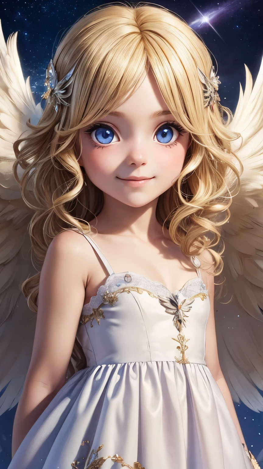 Beautiful and neat girl Cupid, smile, big eyes, blonde, Angel wings on the back, Directly facing, A soft, fluffy and neat dress, Background with many sparkling stars, Ultra realistic Photo,