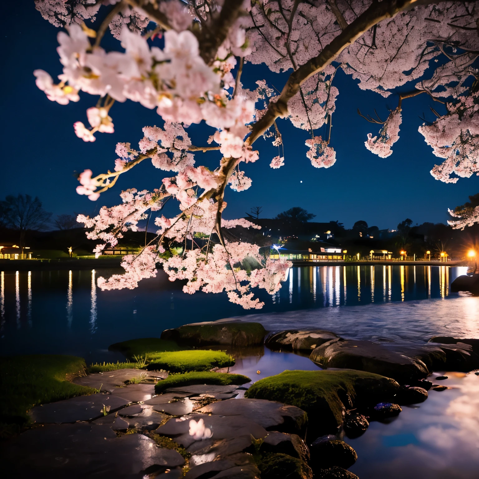 landscape、cherry blossoms、night sky、star