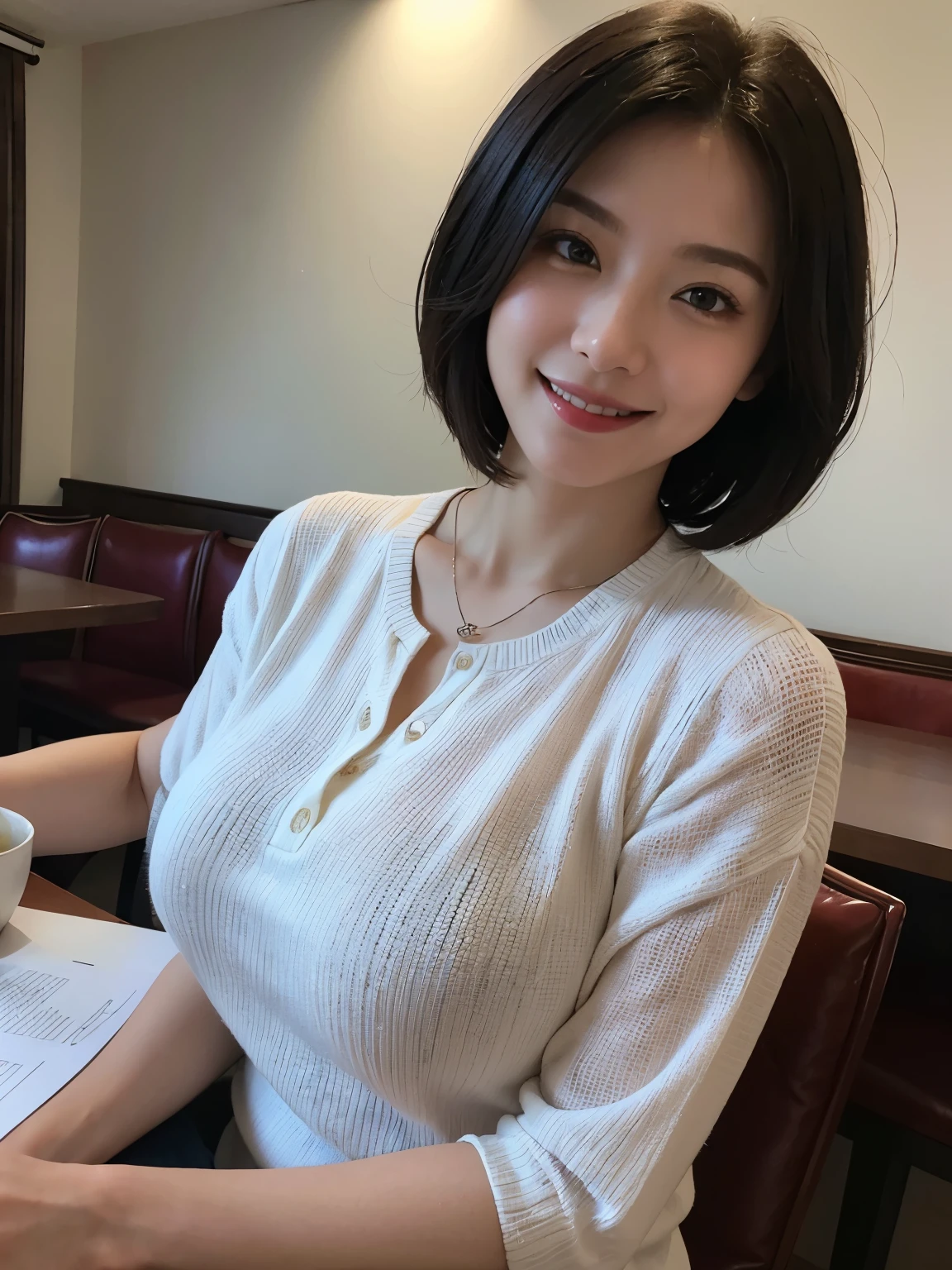 ((masterpiece))、((highest quality))、photograph、reality、High level image quality、Super detailed、Unmarried women、30 years old、short hair、Realistic background and accessories、big and soft breasts、chest bulge、sexy smile、carefree smile、((bright lighting))、casual restaurant、hamburger、light and darkness、Shadow、bright look、busy、knit shirt、valley、