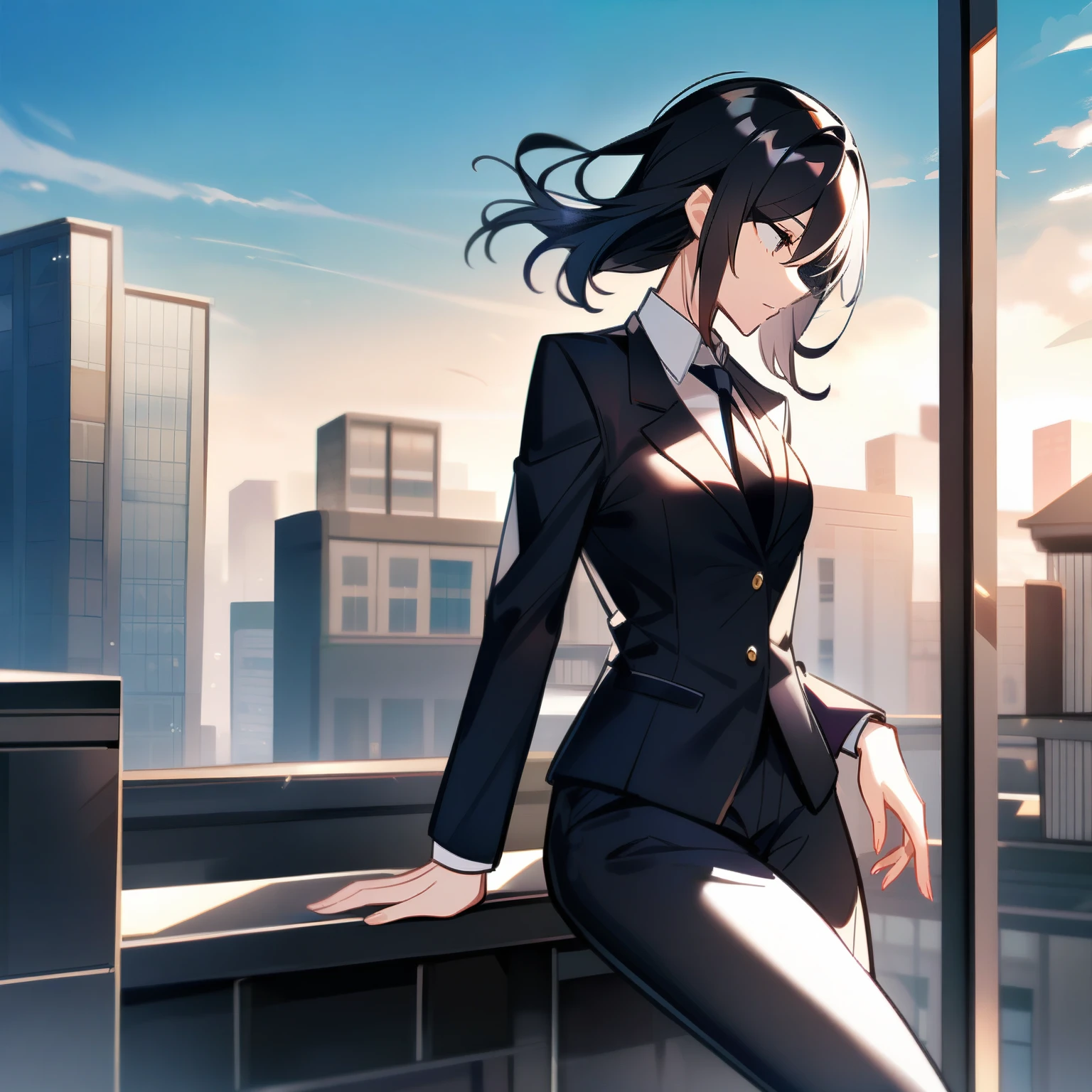 girl,lawyer,girl焦點,looking down,Stand on top of the building,long black hair