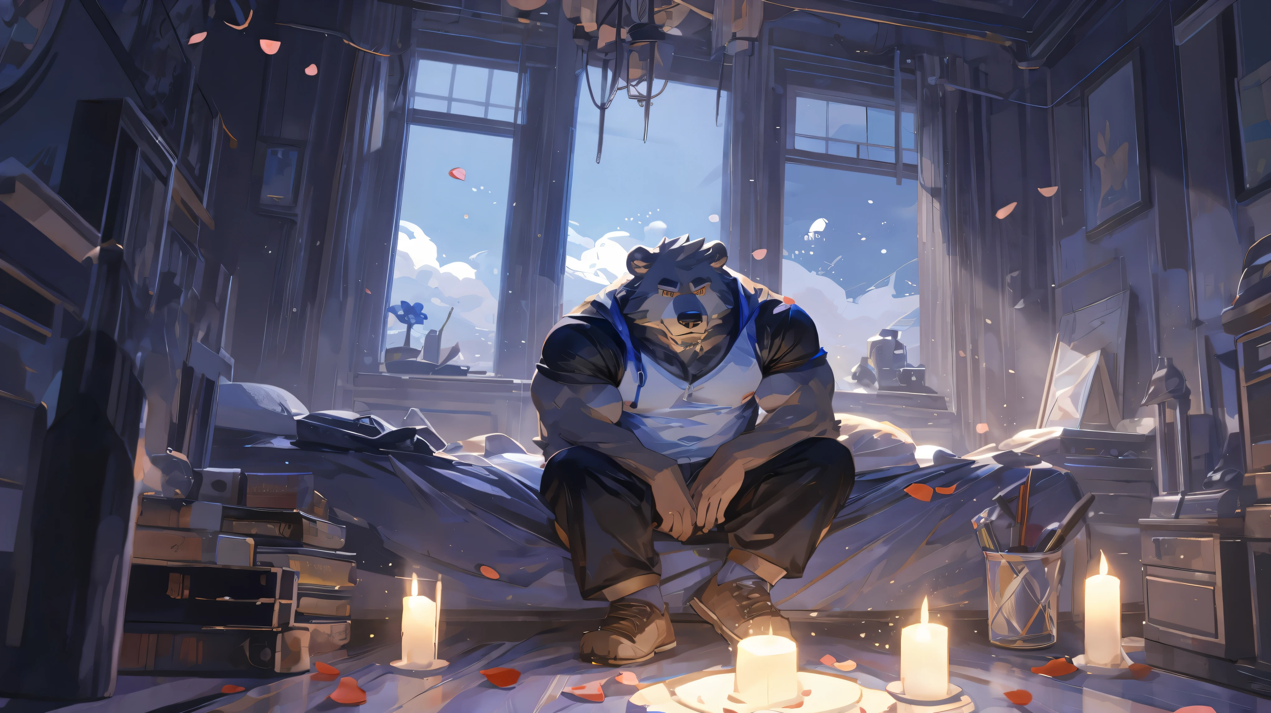 (masterpiece:1.2), best quality,pixiv,official art,(Ray tracing, light), (flower petal in the sky :1.3), (1_male:1.3), (solo:1.3) , portrait , (muscle), (gray fur:1.4), (muscle bear), (bear tail), (beard:1.2), (gleaming golden eyes), Thick eyebrows, open hoodie, naked inside, cargo shorts , indoor, bedroom , french window