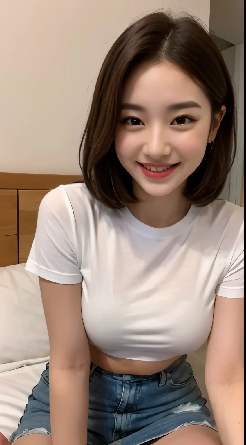 white tight shirt、white tight mini skirt、bed、smile、short sleeve、high resolution、Korean idol face