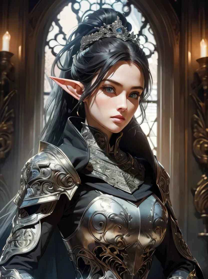 ((masterpiece、highest quality、super detailed、High resolution、sharp focus、cinematic lighting))、((One female、bust shot))、Portrait of a beautiful female elf 、40 years old、elaborately patterned cloth cloak、Textured black leather armor and leggings、Black plate armor with delicate carvings、black leather gloves、tall height、well-proportioned body shape、、((black hair ponytail))、blue eyes、highly detailed face、Fine ears、view audience、Detailed depiction of hands、Beautiful medieval cityscape and castle in the background、Detailed background depiction、oil painting