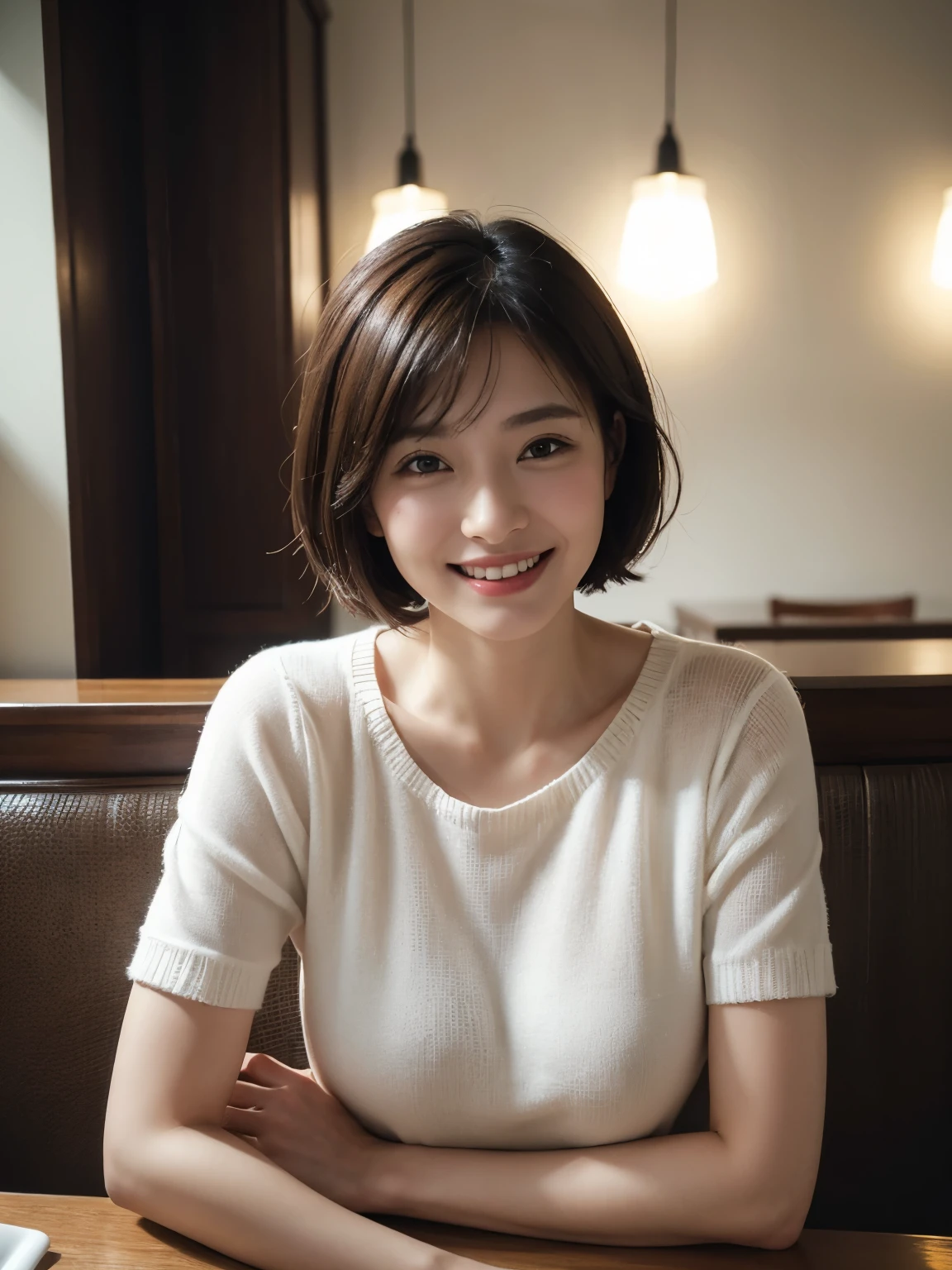 ((masterpiece))、((highest quality))、photograph、reality、High level image quality、Super detailed、Unmarried women、30 years old、short hair、Realistic background and accessories、no makeup、big and soft breasts、chest bulge、sexy smile、carefree smile、((bright lighting))、casual restaurant、hamburger、light and darkness、Shadow、bright look、busy、knit shirt、valley、
