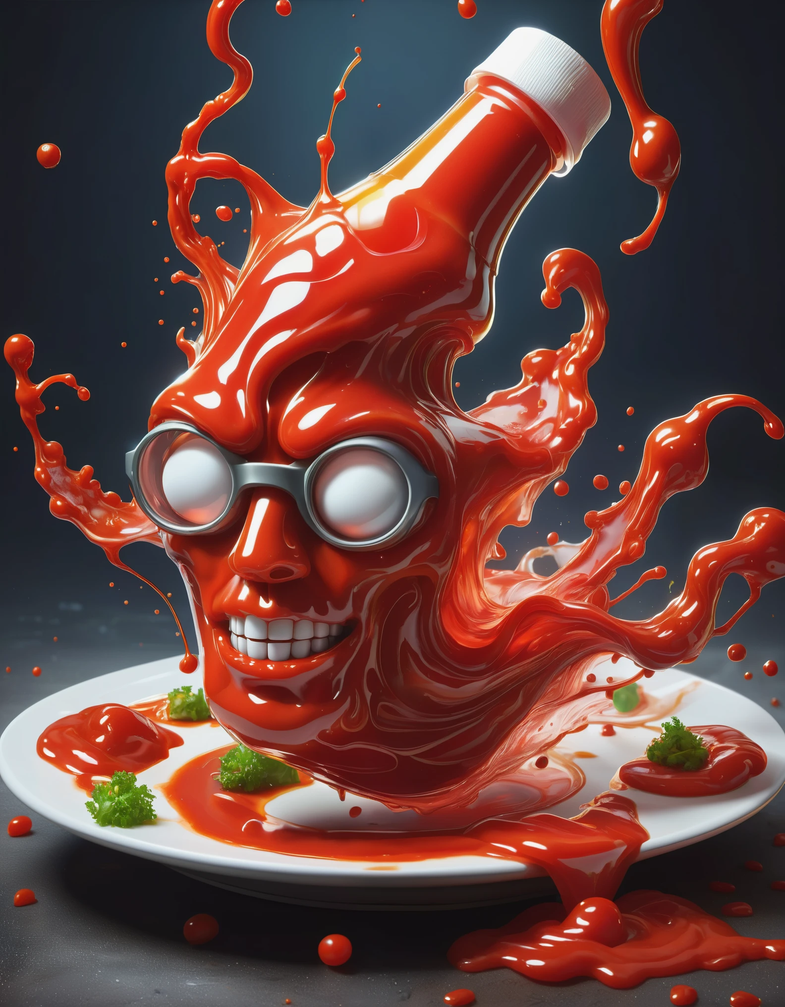 Super detailed masterpiece, Dynamic, great quality,Floating liquid device DonMW15pXL, ketchup