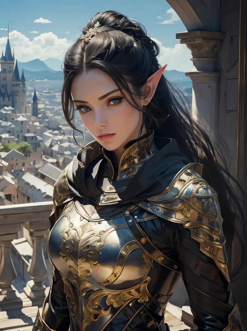 ((masterpiece、highest quality、super detailed、High resolution、sharp focus、cinematic lighting))、((One female、bust shot))、Portrait of a beautiful female elf 、40 years old、elaborately patterned cloth cloak、Textured black leather armor and leggings、Black plate armor with delicate carvings、black leather gloves、tall height、well-proportioned body shape、、((black hair ponytail))、blue eyes、highly detailed face、Fine ears、view audience、Detailed depiction of hands、Beautiful medieval cityscape and castle in the background、Detailed background depiction、oil painting
