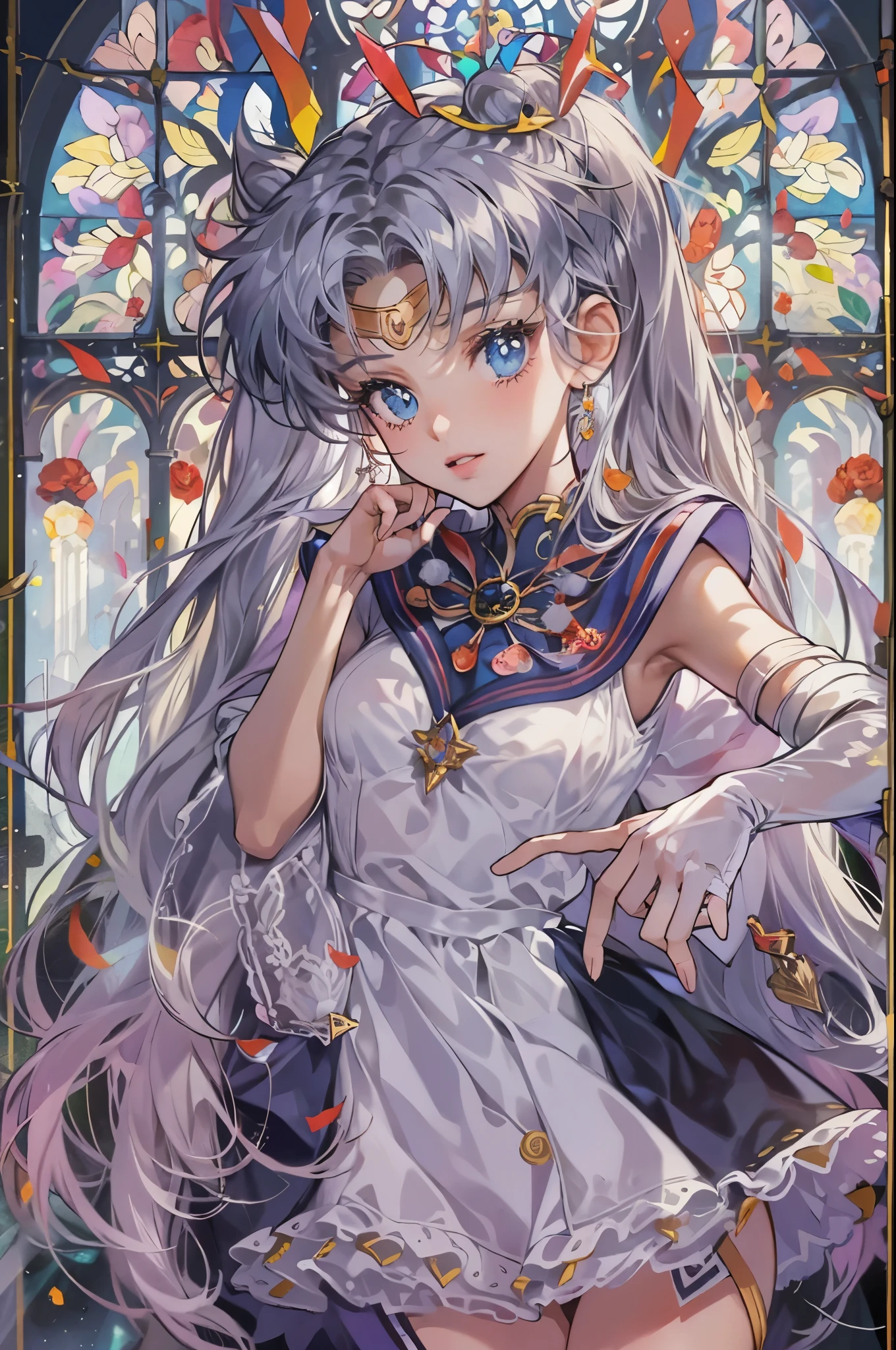 ((Best quality)), ((masterpiece)), (detailed), ((perfect face)), ((halfbody)) ((Sailor Moon Villain: The Witches 5)) solo picture close-up , cathedral background with a big stained glass window , breaking glass, black rose ornaments