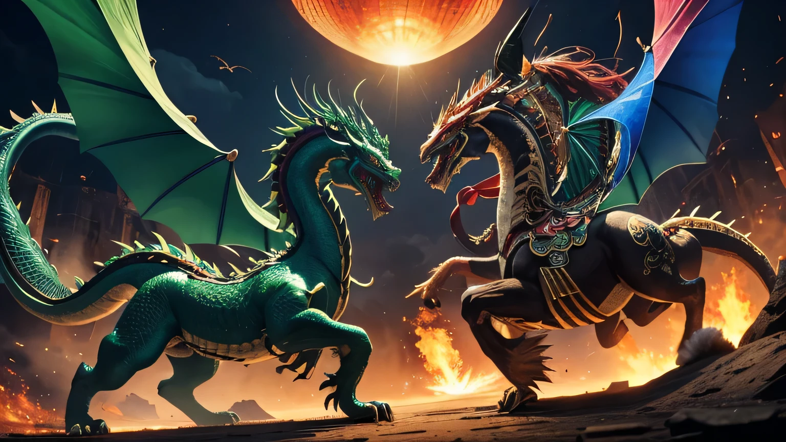 Let your imagination fly as you witness the ultimate confrontation between a Chinese dragon and a Mexican quetzalcoatl., Their battle is a stunning display of mythical creatures and their unique abilities...