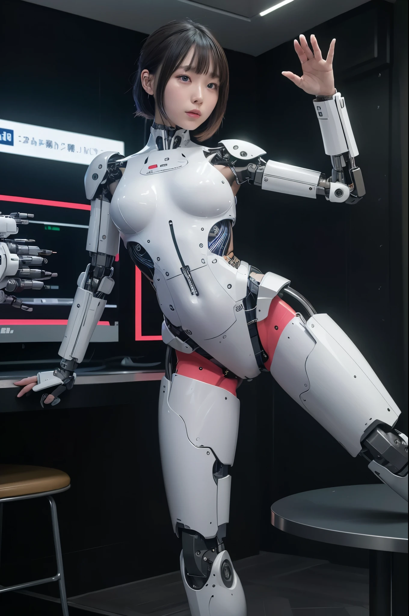 masterpiece, best quality, extremely detailed, 8k portrait,Japaese android girl,Plump ,control panels,android,Droid,Mechanical Hand, Robot arms and legs,Blunt bangs,perfect robot girl,long tube,thick cable connected her neck,android,robot,humanoid,cyborg,japanese cyborg girl ,robot-assembly plant,white robot body,She has assembled now,assembly scene,chest monitor,blue eyes, 
