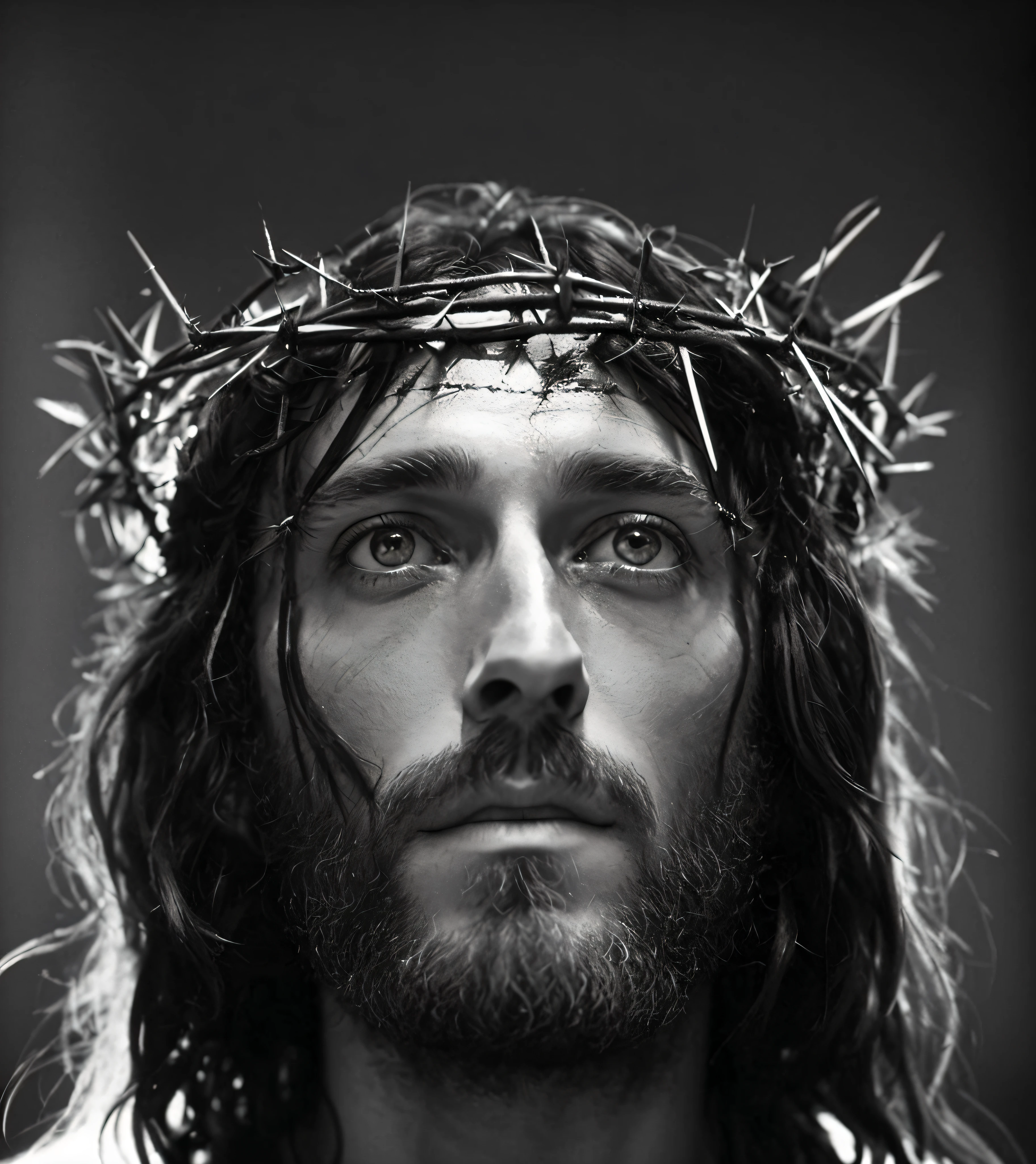 A backlit cinematic portrait of a man with a coroa de espinhos on his head, jesus, Jesus of Nazareth, Jesus Cristo, por Mirabello Cavalori, portrait of Jesus Cristo, coroa de espinhos, rosto de jesus, no design de Eliot Kohek, por Lee Jeffries, Christian, Rei dos Reis, por Emmanuel Lubezki, lubezki