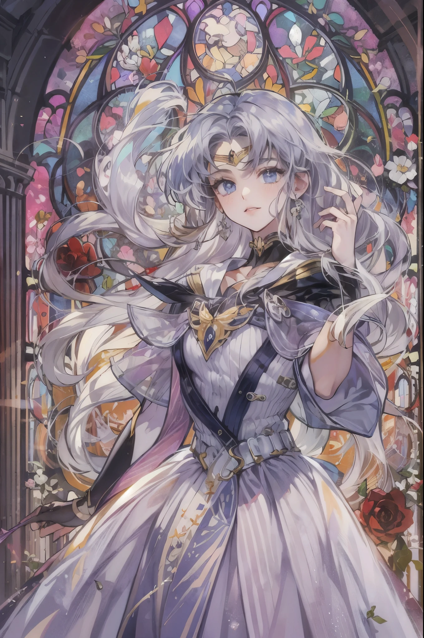 ((Best quality)), ((masterpiece)), (detailed), ((perfect face)), ((halfbody)) ((Sailor Moon Villain: The Witches 5)) solo picture close-up , cathedral background with a big stained glass window , breaking glass, black rose ornaments