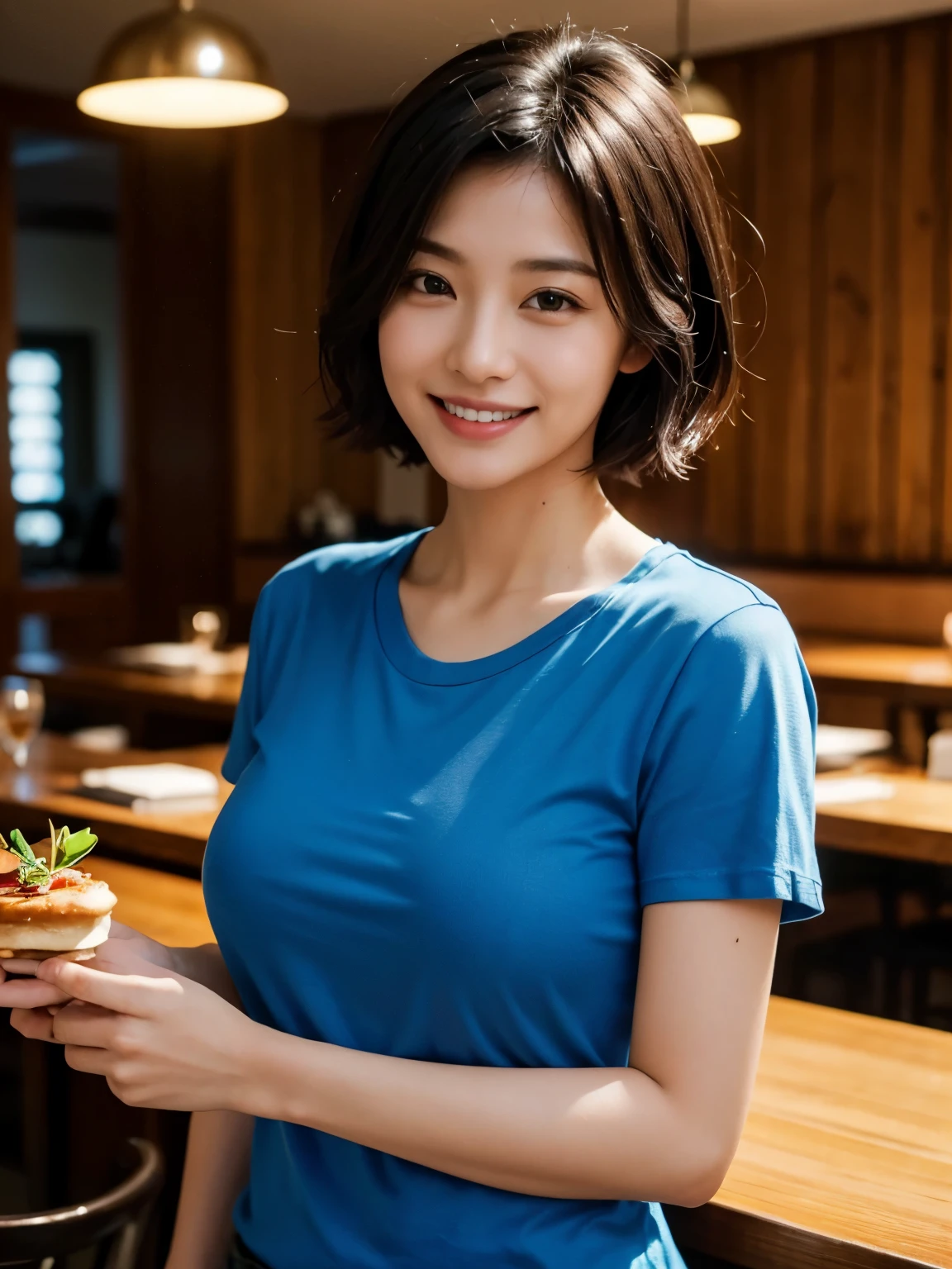 ((masterpiece))、((highest quality))、photograph、reality、High level image quality、Super detailed、Unmarried women、30 years old、short hair、Realistic background and accessories、no makeup、big and soft breasts、chest bulge、sexy smile、carefree smile、((bright lighting))、casual restaurant、hamburger、light and darkness、Shadow、bright look、busy、blue t-shirt、valley、