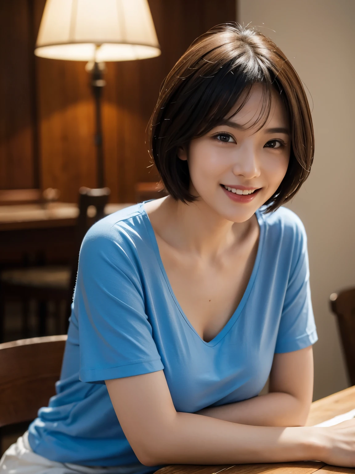 ((masterpiece))、((highest quality))、photograph、reality、High level image quality、Super detailed、Unmarried women、30 years old、short hair、Realistic background and accessories、no makeup、big and soft breasts、chest bulge、sexy smile、carefree smile、((bright lighting))、casual restaurant、hamburger、light and darkness、Shadow、bright look、busy、blue t-shirt、valley、