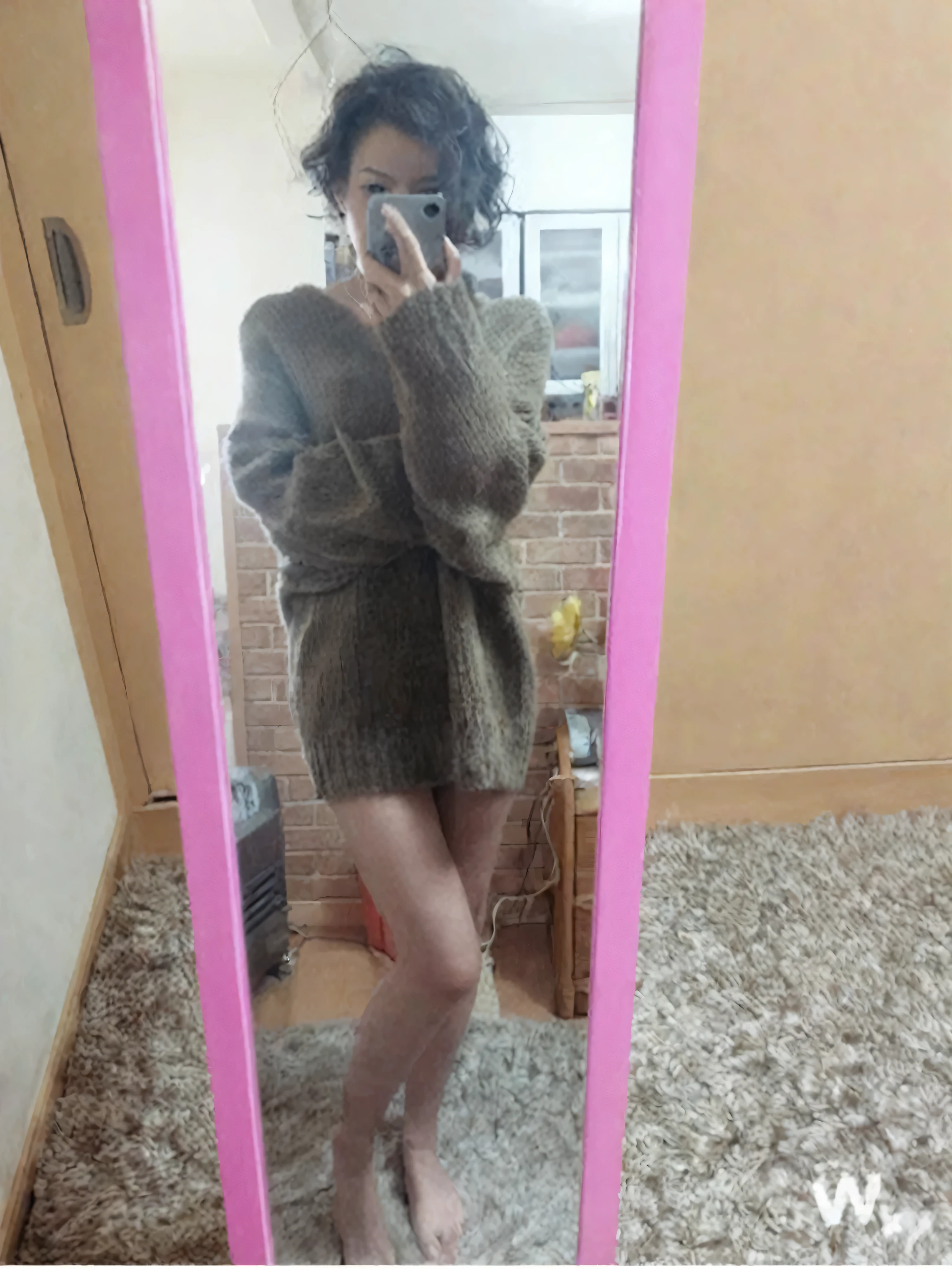 Early 50s'A woman wearing a transparent camisole takes a selfie in the mirror, brown sweater, height: 165cm, full body picture, 8K)), wearing a sweater, thighs!!!!!!, whole foot, height: 155cm, exposed thighs!!!, full body!!!, full body!!, オーバーサイズのwearing a sweater, full body!!!!!!, thighs!!!, bare thighs!!!