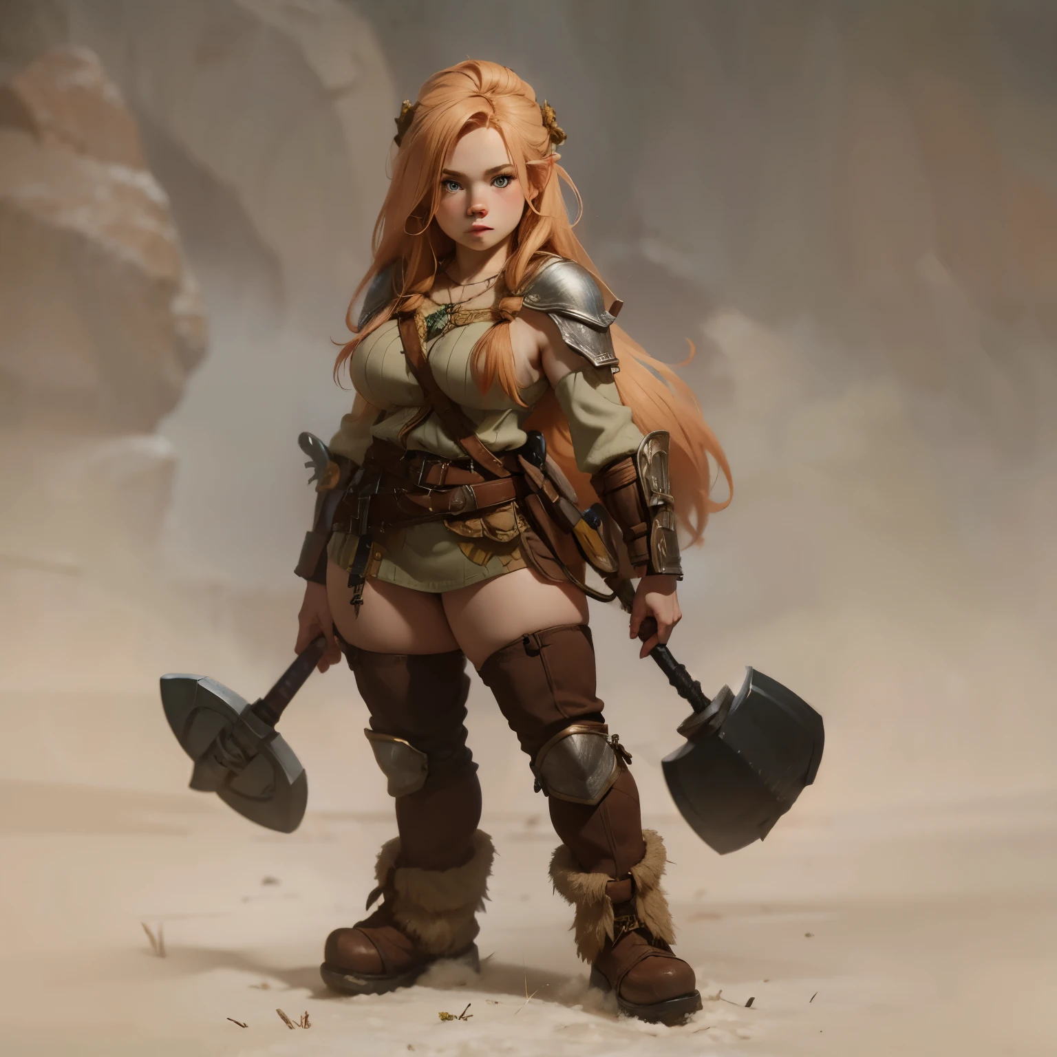 Really pretty dwarf girl fantasy art, fair reddish pale blonde hair, dressed in ancient fantasy dwarf girl attire, very sexy seductive pose, large_breast, big_booty, knobby boots throwing axe and war hammer, fantasy background forest village scene, Masterpiece